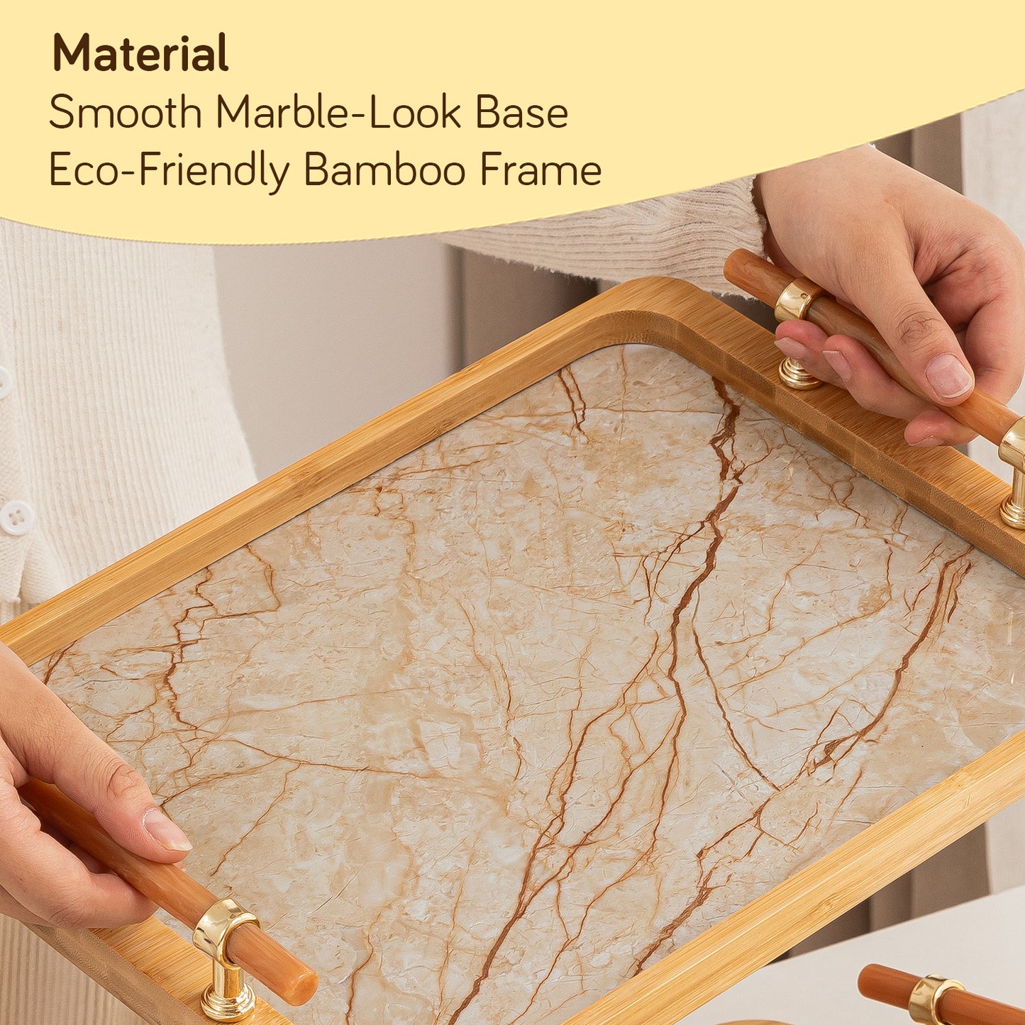 Luxury Bamboo Serving Tray Set with Faux Marble Base with Golden Handles
