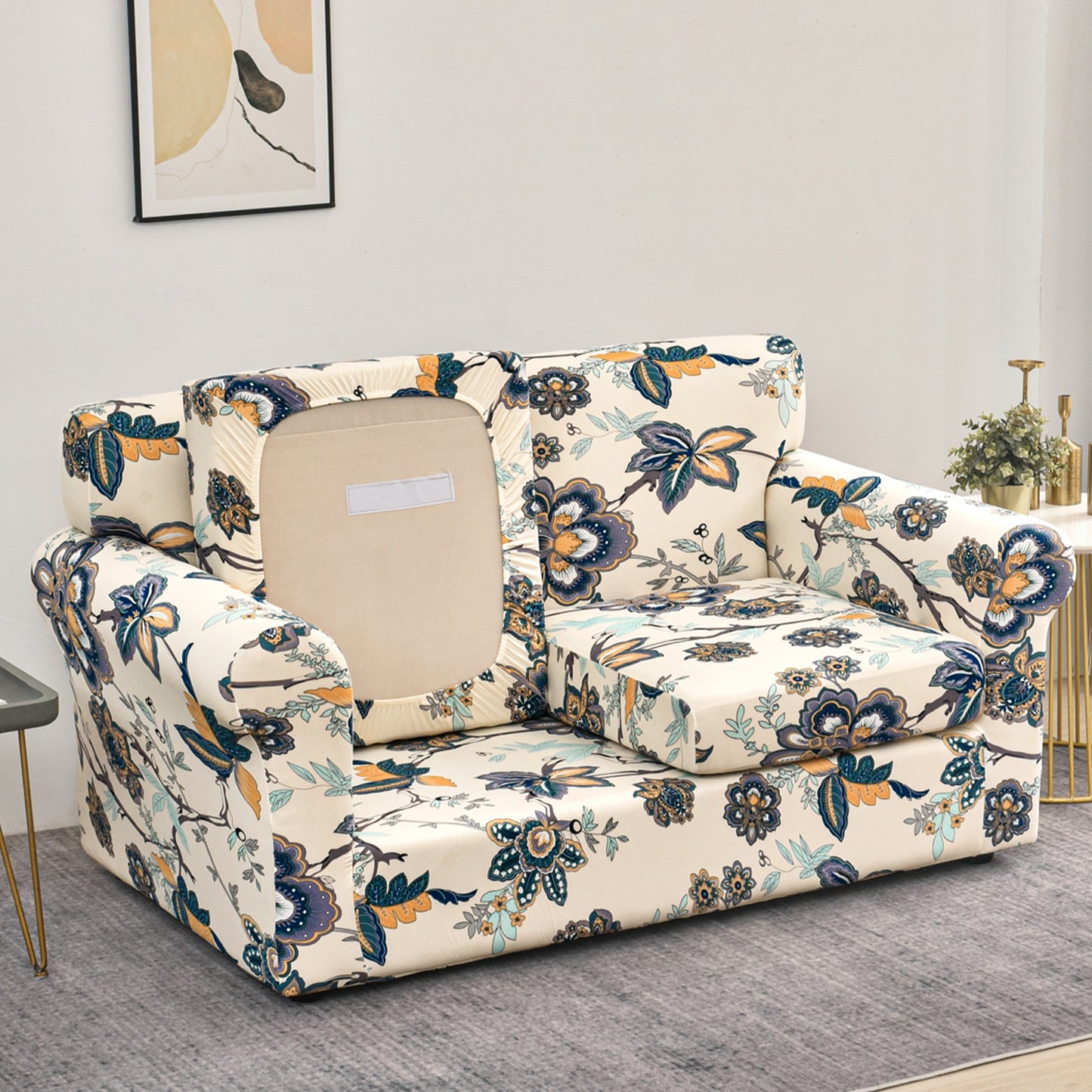 Printed Stretchable Sofa Slipcover with 1/2/3 Pc Separate Seat Cushion Cover for each 1/2/3 Seater, Cream Majestic Flora