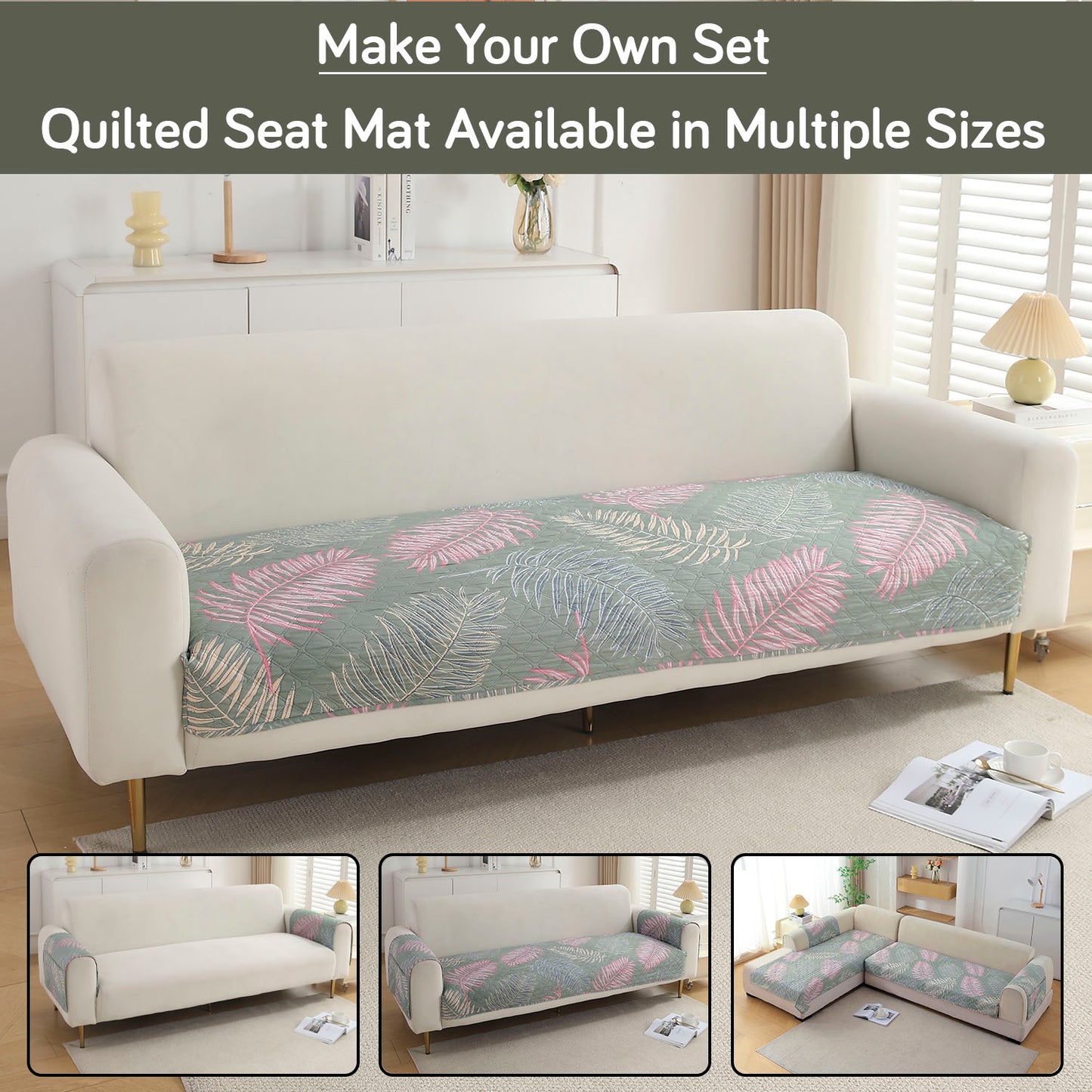 Polyester Printed Quilted Sofa Cover Mats, Tropical Leaves Pastel Green