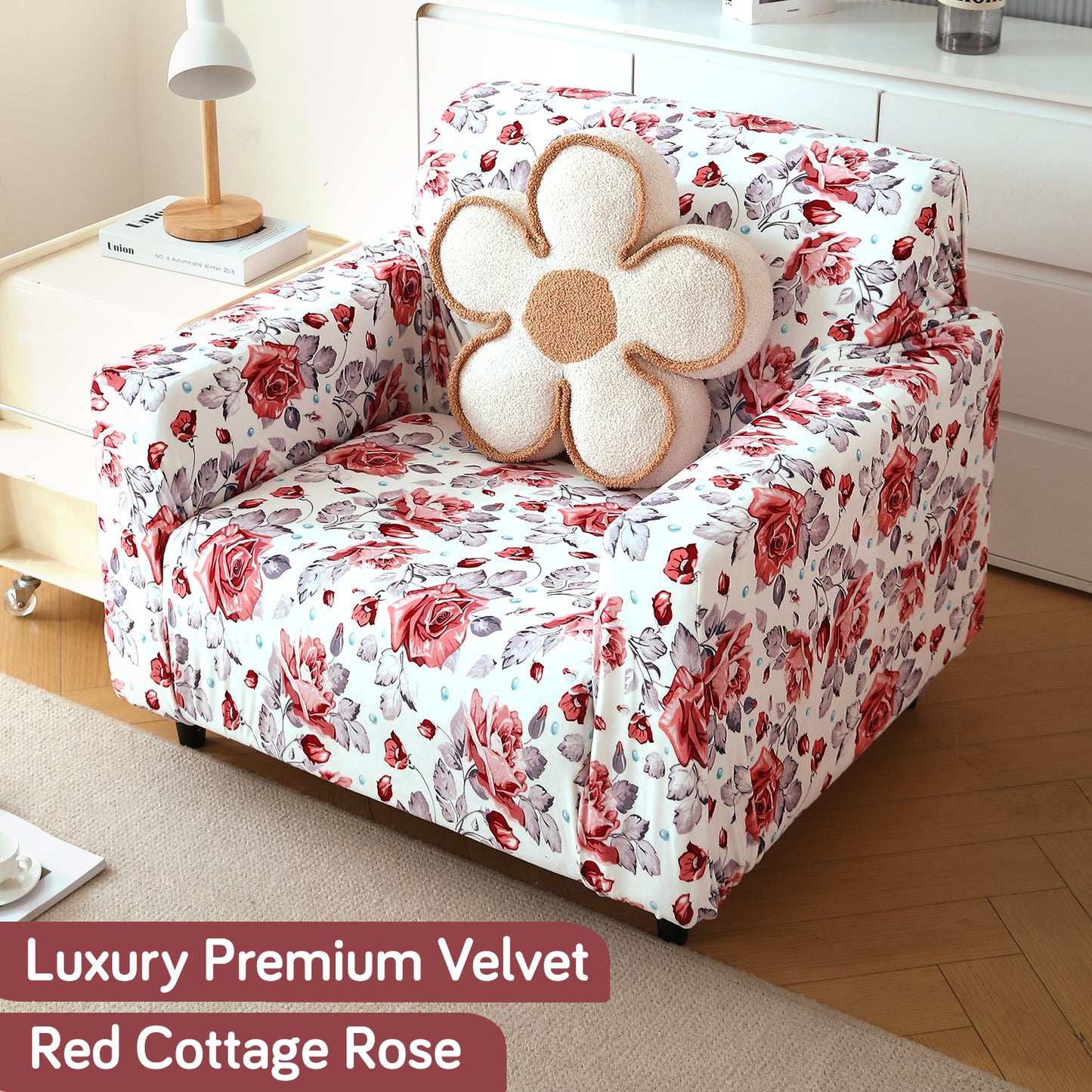 Premium Printed Velvet Sofa Cover 1/2/3 Seaters Fully Covered, Red Cottage Rose