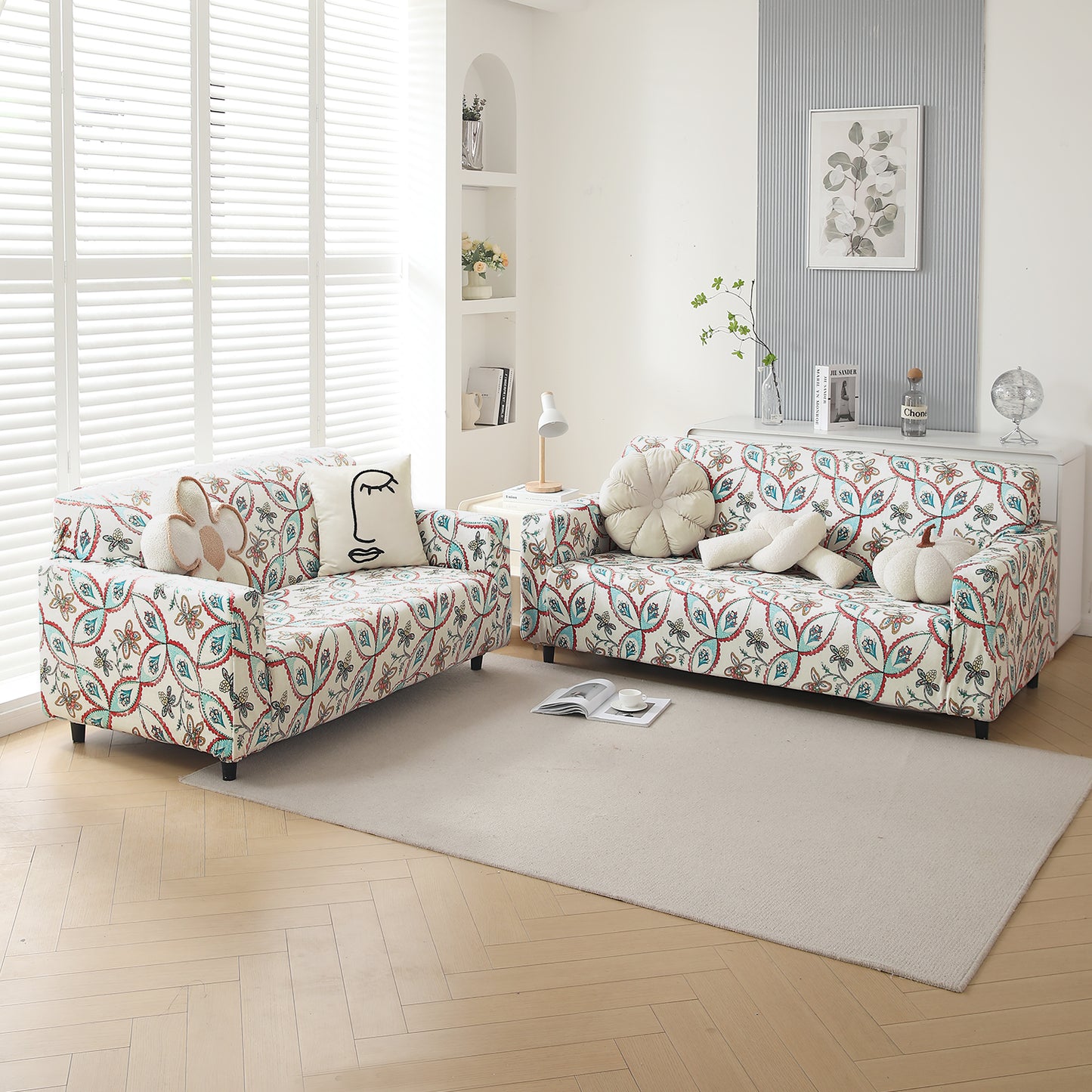 Premium Printed Velvet Sofa Cover 1/2/3 Seaters Fully Covered, Beige Persian Garden