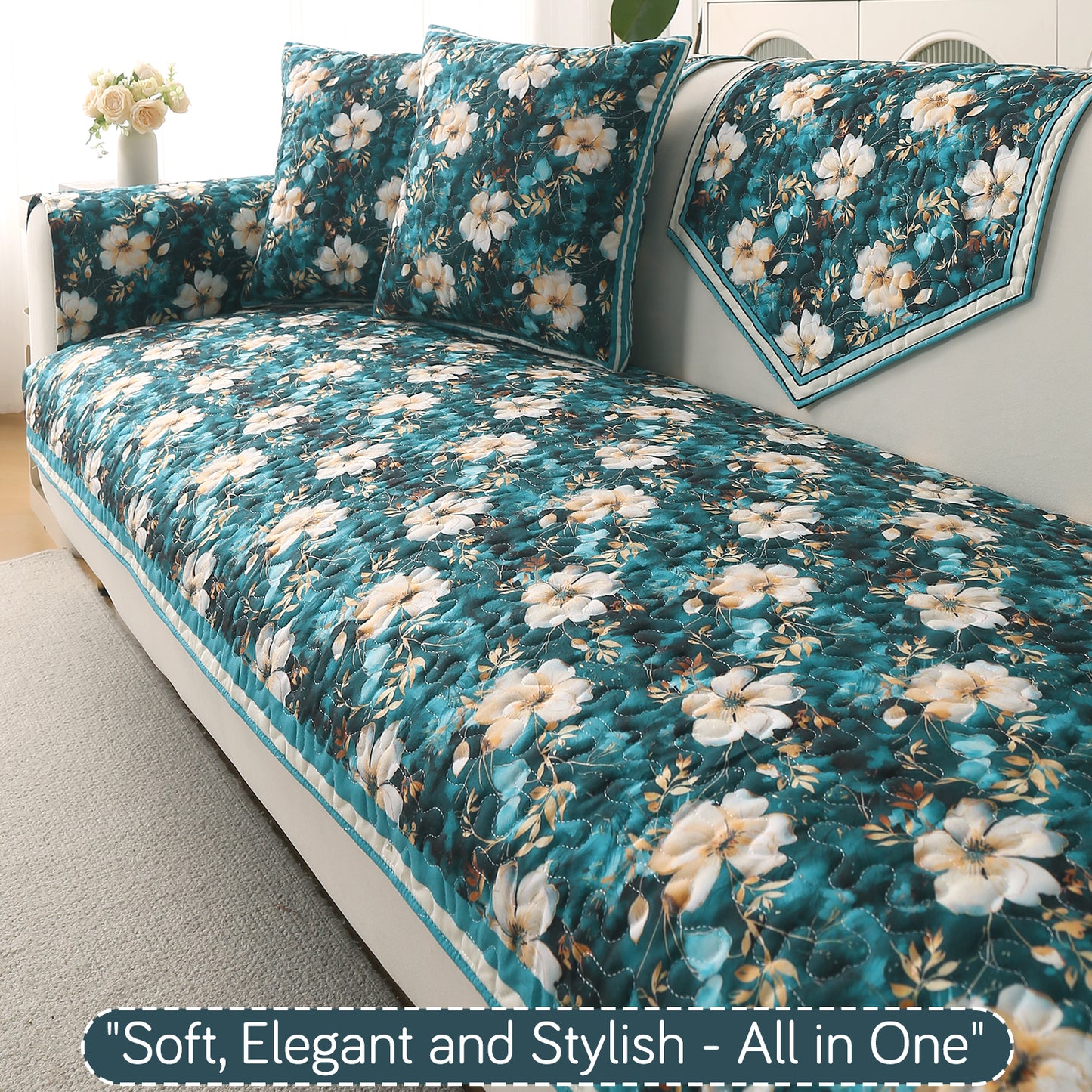 Florentina Series Printed Holland Velvet Sofa Mat - Pansies Teal