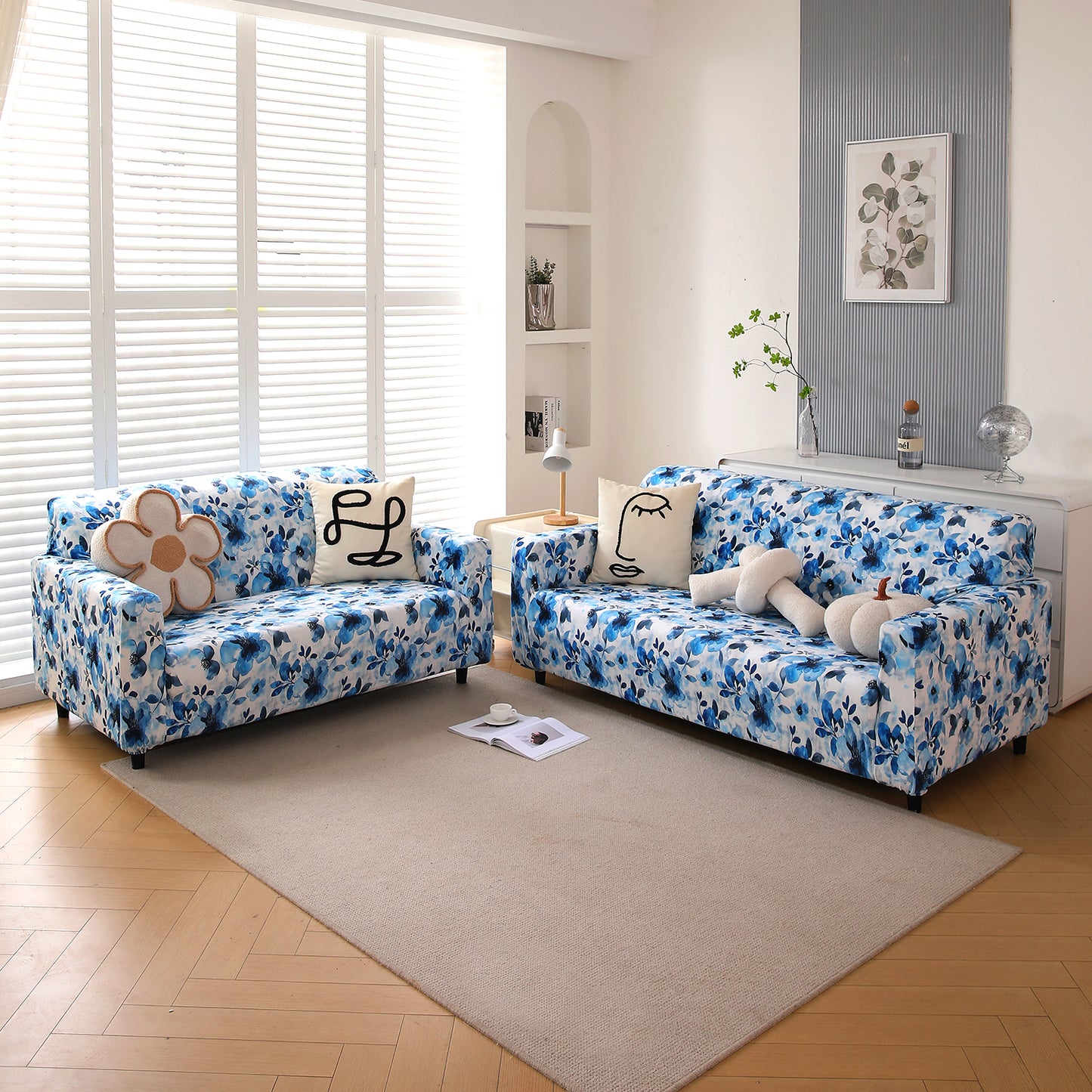 Premium Printed Velvet Sofa Cover 1/2/3 Seaters Fully Covered, Blue Azure Botanical