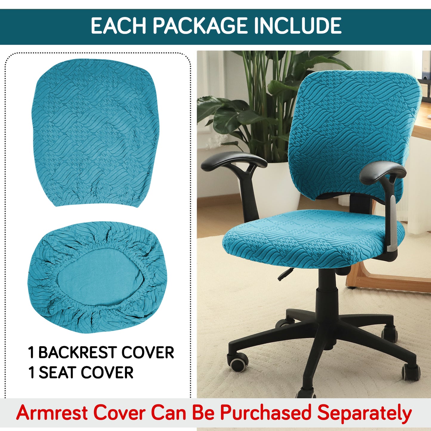 Office Chair Cover for Task Chair – 170 GSM Stretchable Jacquard – Washable & Anti-Slip – Fits Small Office Chairs Without Headrest, Turquoise
