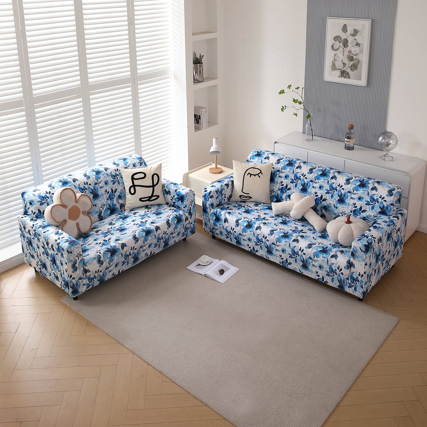 Premium Printed Velvet Sofa Cover 1/2/3 Seaters Fully Covered, Blue Azure Botanical