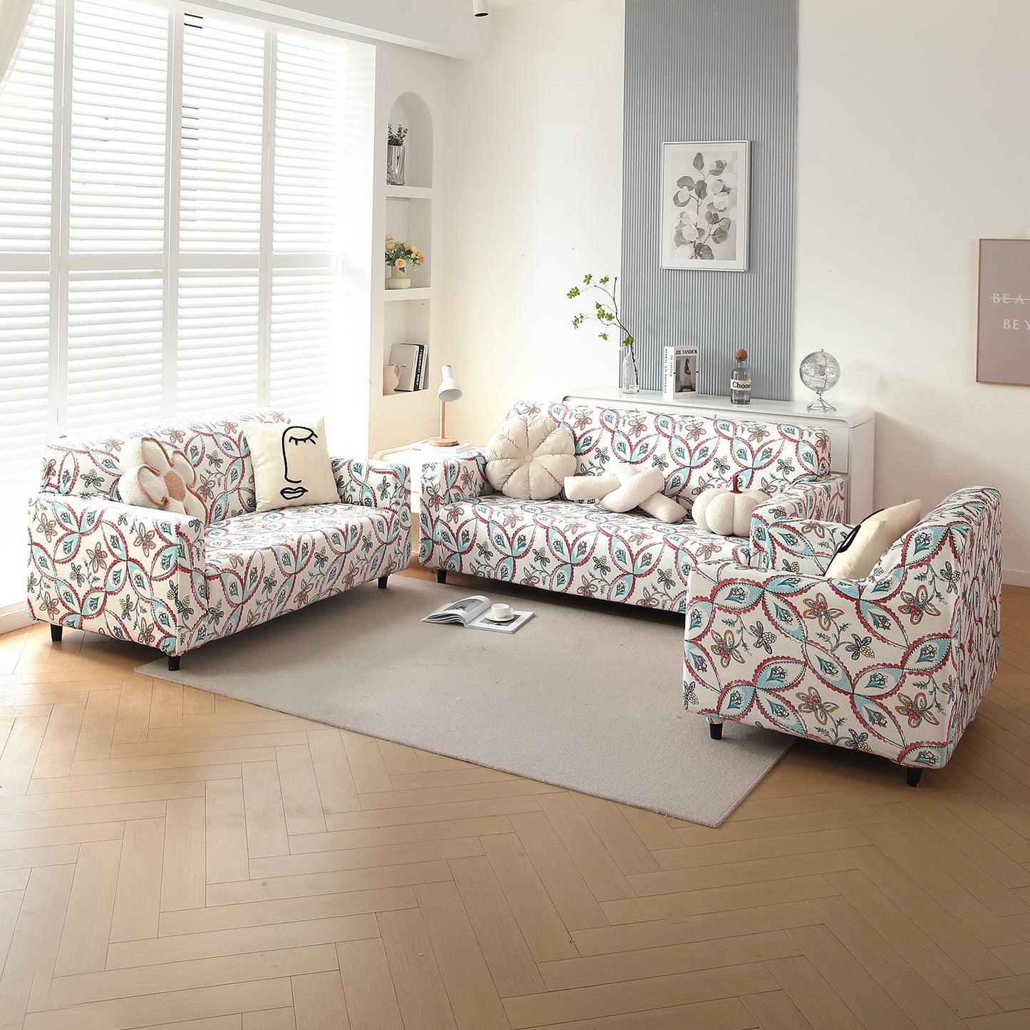 Premium Printed Velvet Sofa Cover 1/2/3 Seaters Fully Covered, Beige Persian Garden