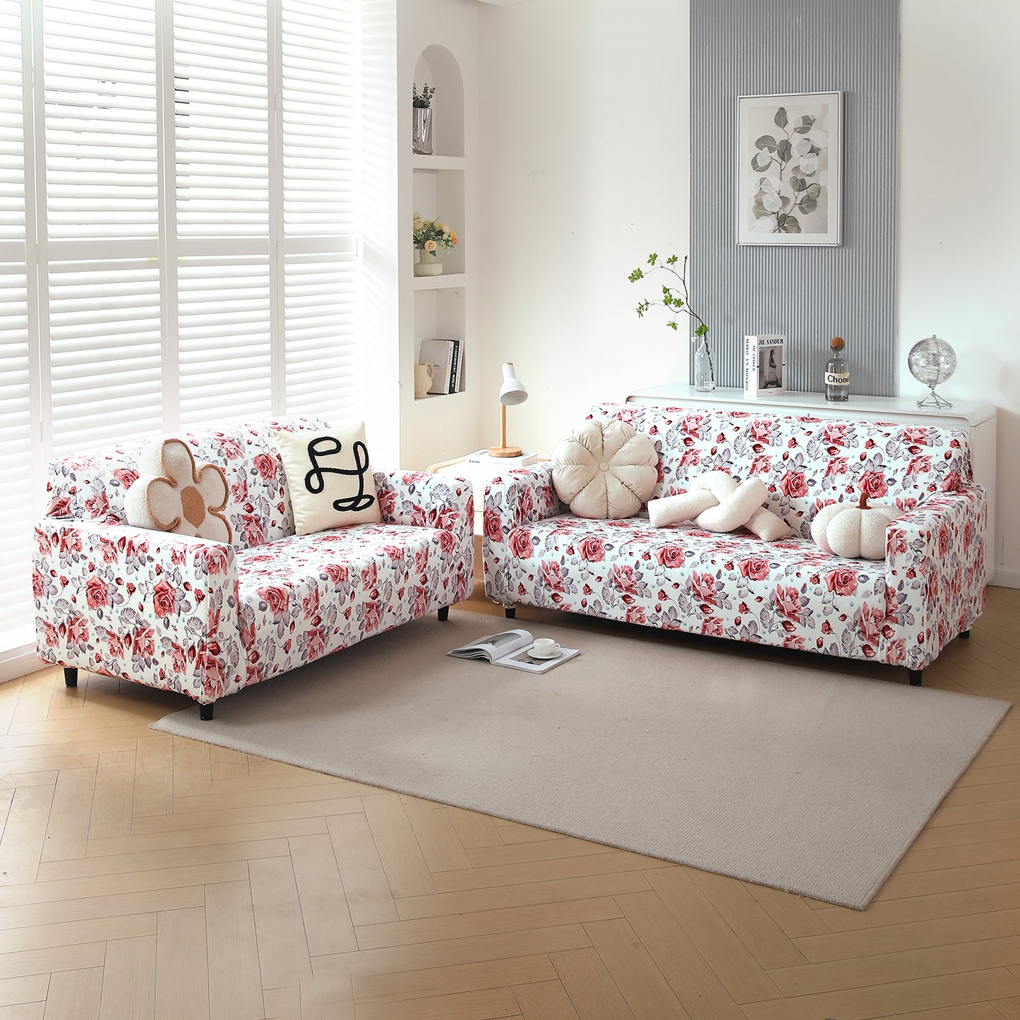 Premium Printed Velvet Sofa Cover 1/2/3 Seaters Fully Covered, Red Cottage Rose