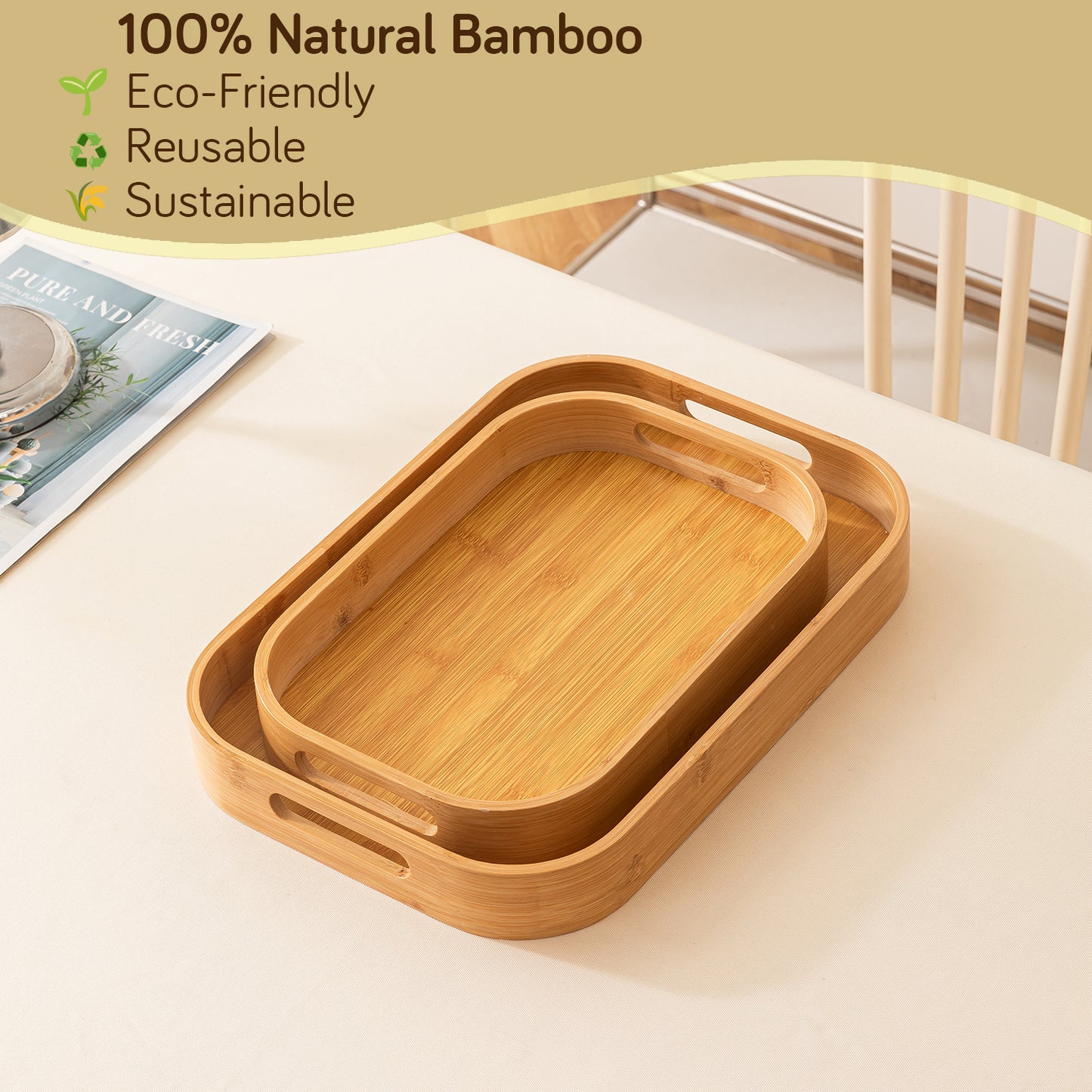 Natural Bamboo Serving Tray Set of 2/3 – Multipurpose Kitchen Tray with Handles