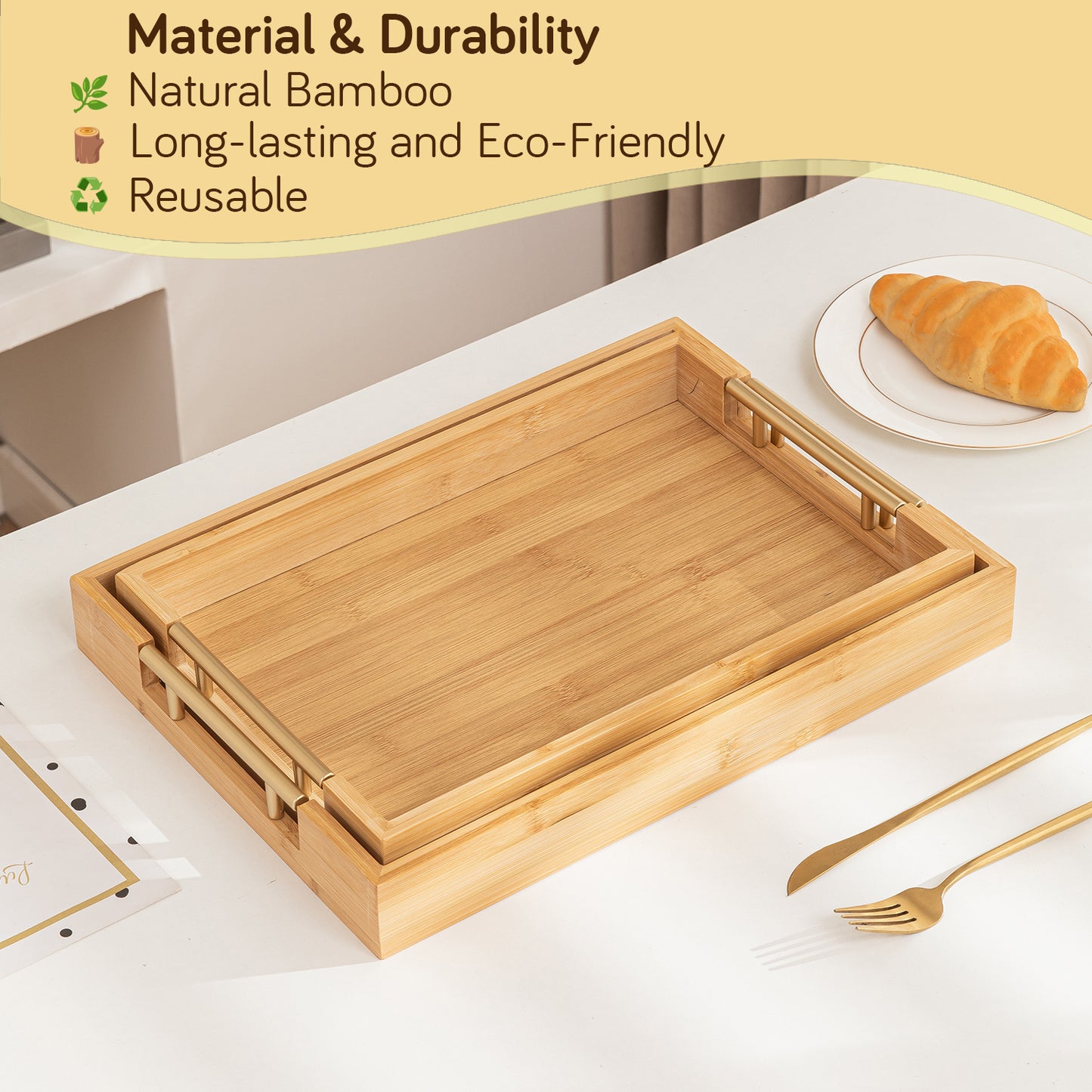 Bamboo Set of 2/3 Serving Tray Set with Gold Handles – Elegant Wooden Trays for Kitchen