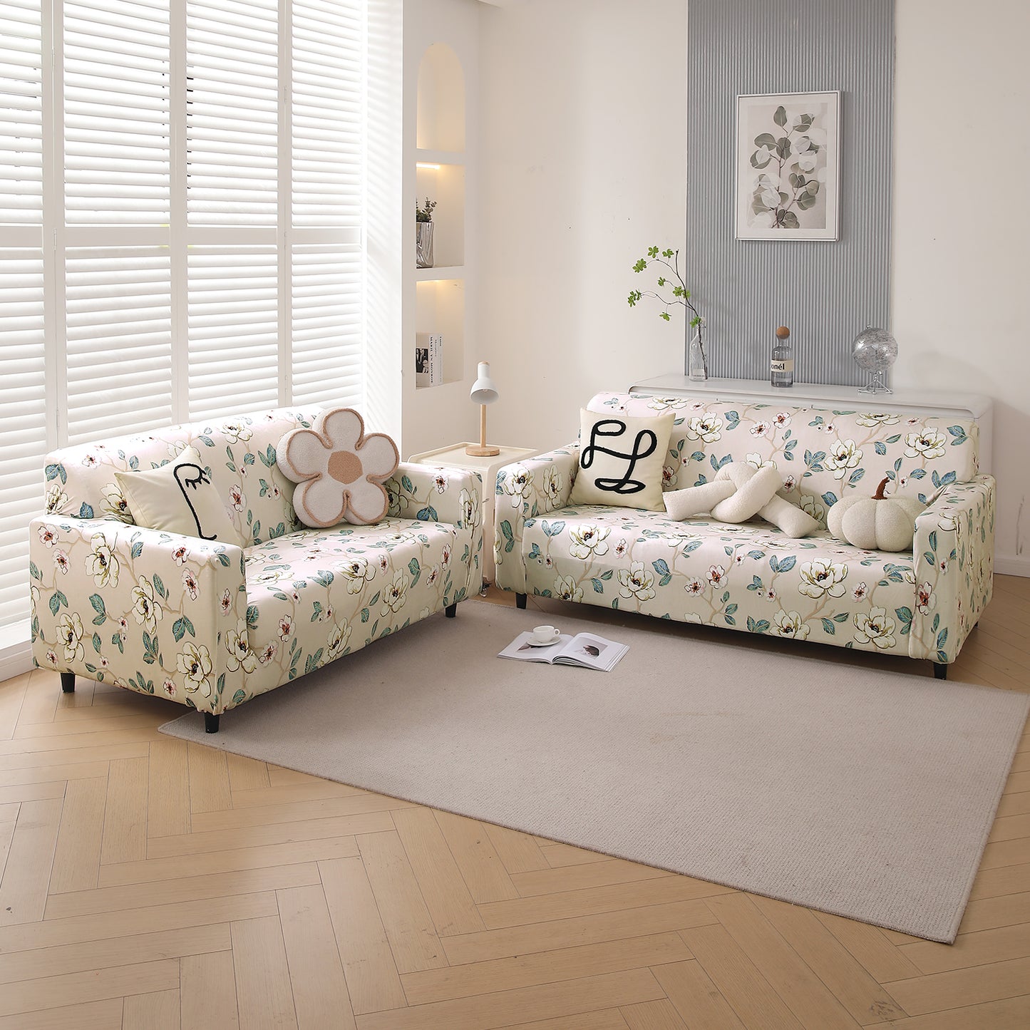 Premium Printed Velvet Sofa Cover 1/2/3 Seaters Fully Covered, Buttercream Magnolia Whisper