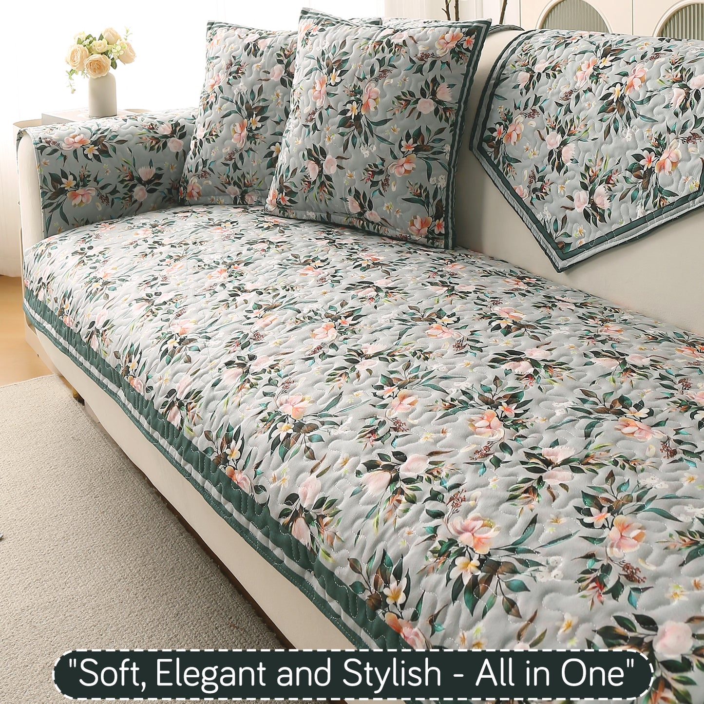 Florentina Series Printed Holland Velvet Sofa Mat - Magnolia Green