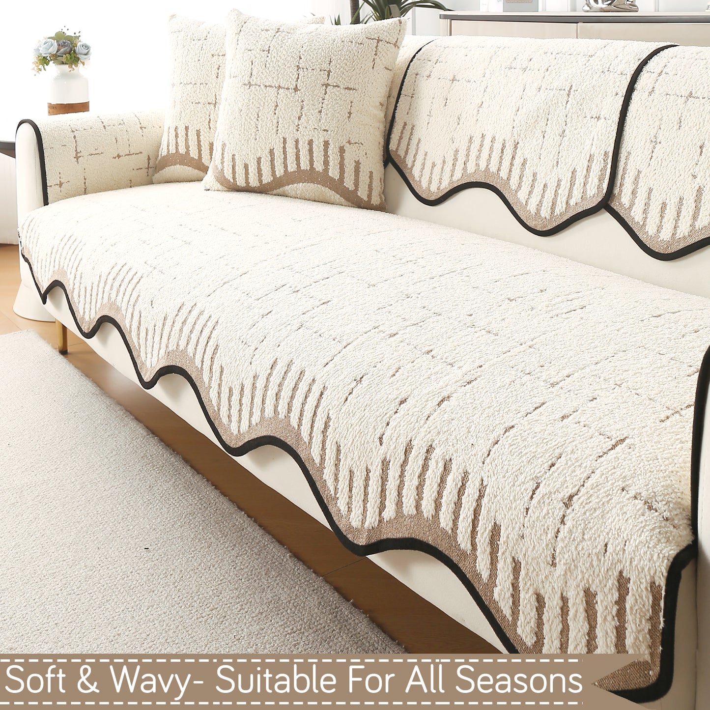 Premium Supple Soft Wavy with Curve Sofa Cover Mat, Cream Brown