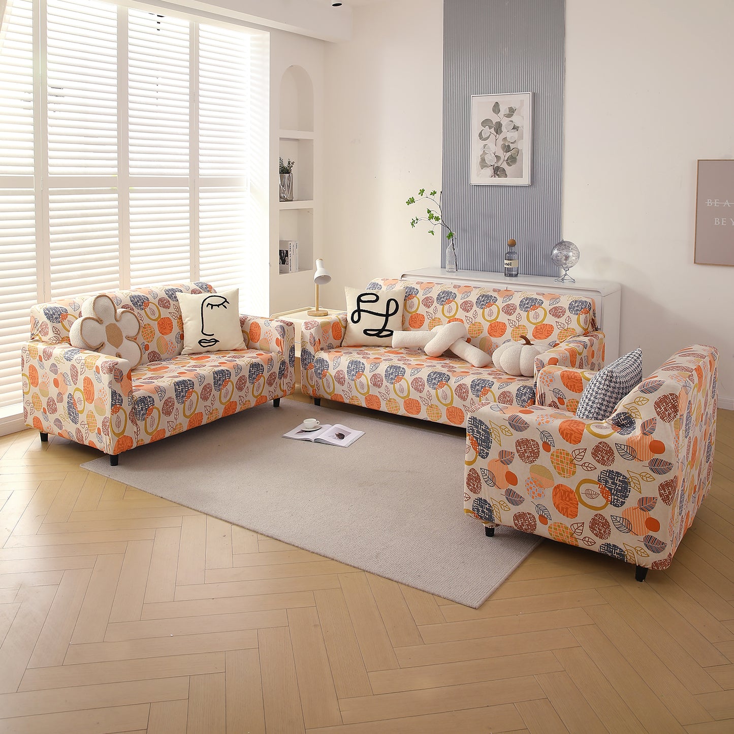 Premium Printed Velvet Sofa Cover 1/2/3 Seaters Fully Covered, Coral Autumn Leaves