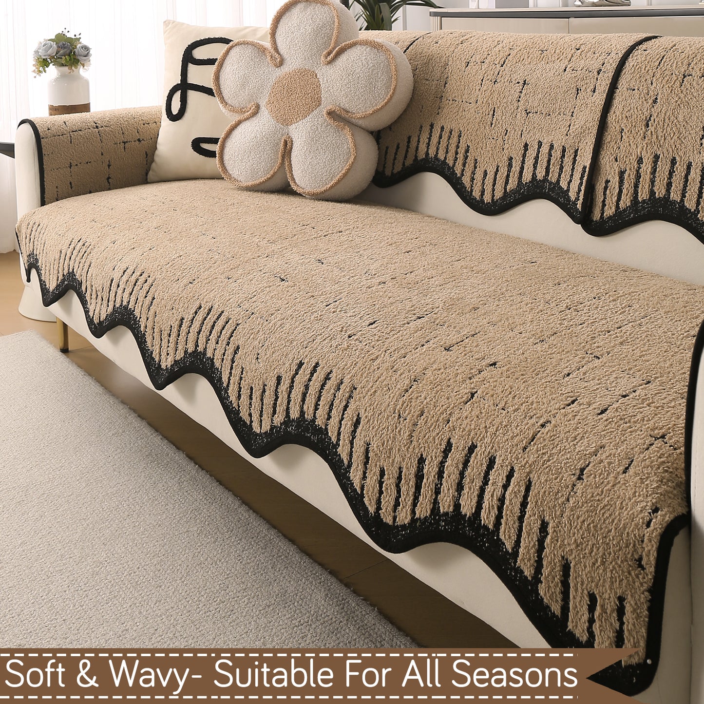 Premium Supple Soft Wavy with Curve Sofa Cover Mat, Brown