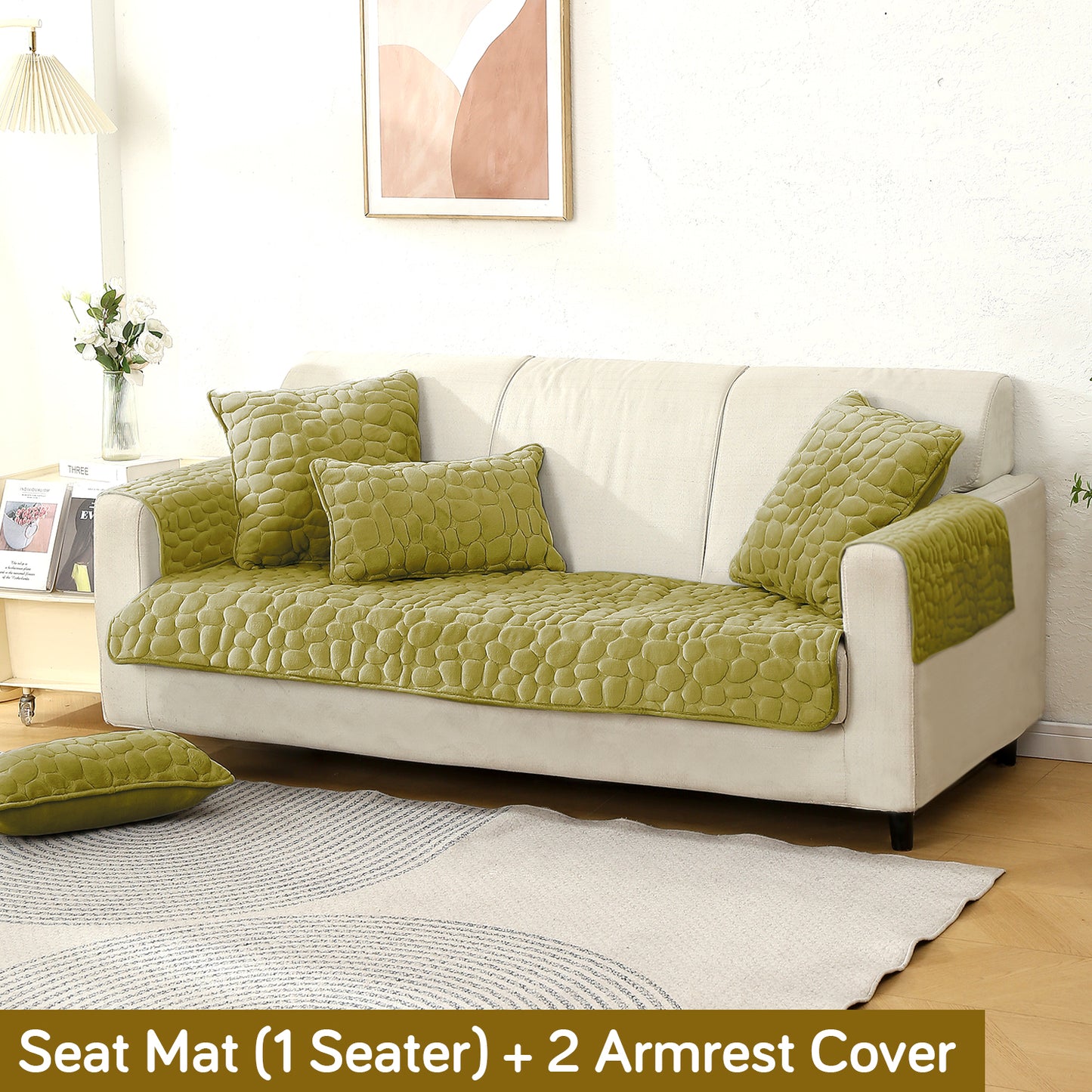 Premium Pebble Milk Velvet Anti Slip Sofa Cover Mat with 2 Armrest Cover, Pristine Green