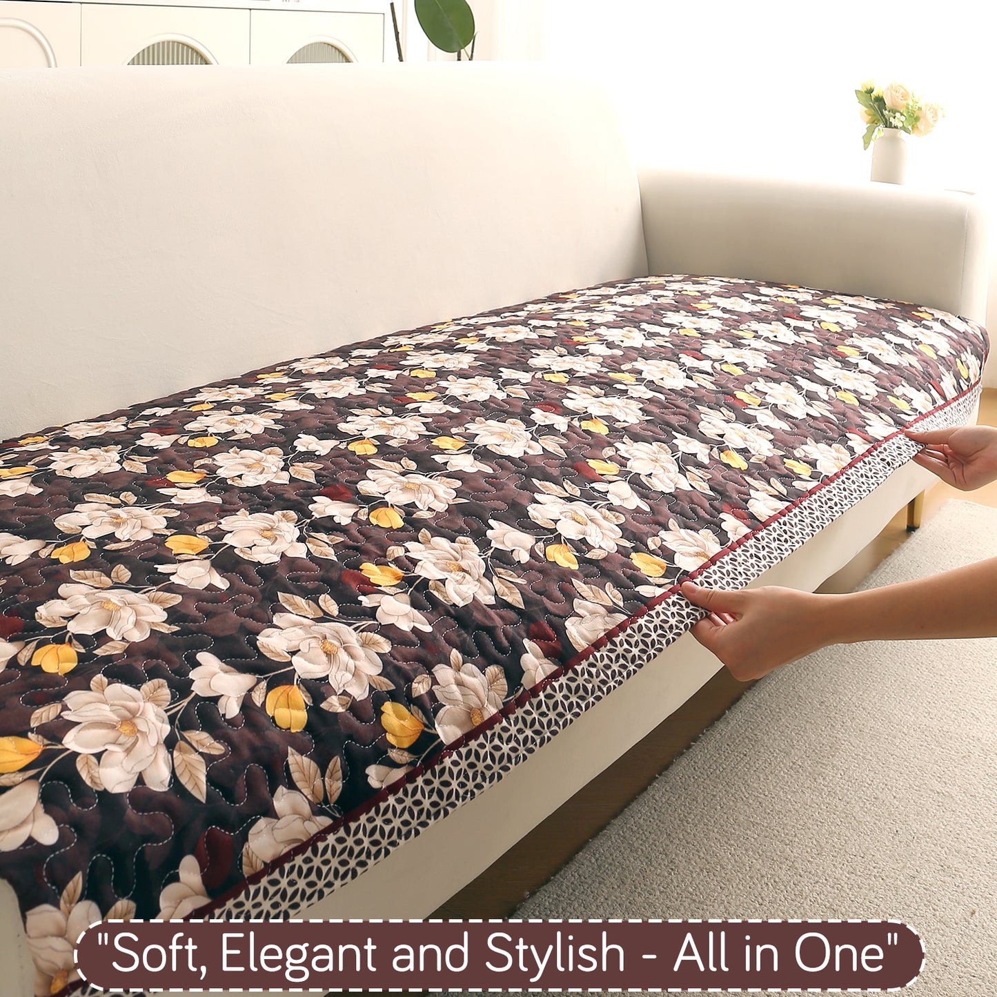 Florentina Series Quilted Holland Velvet L Shape Sofa Seat Mat - Camellia Brown