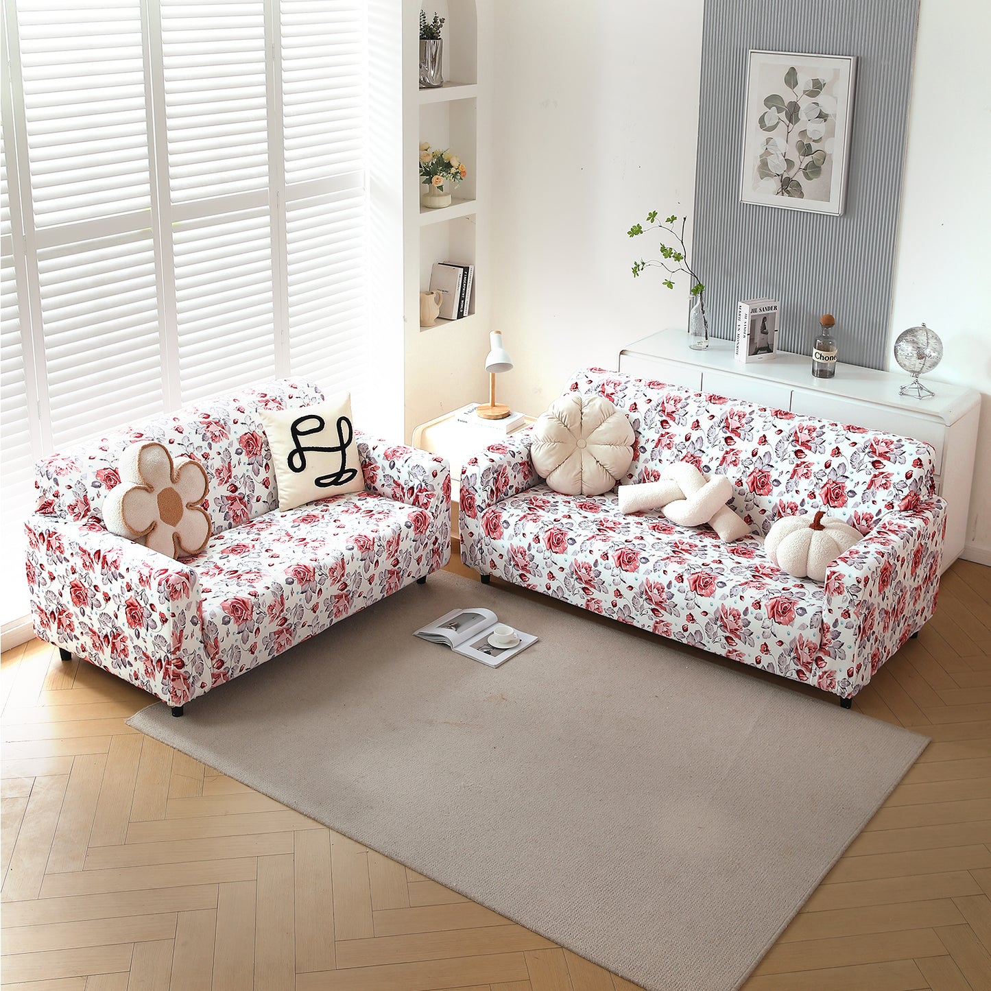 Premium Printed Velvet Sofa Cover 1/2/3 Seaters Fully Covered, Red Cottage Rose