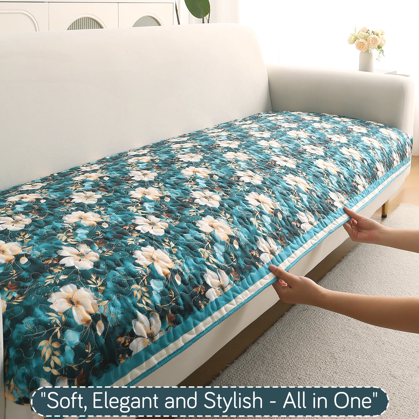 Florentina Series Quilted Holland Velvet L Shape Sofa Seat Mat - Pansies Teal
