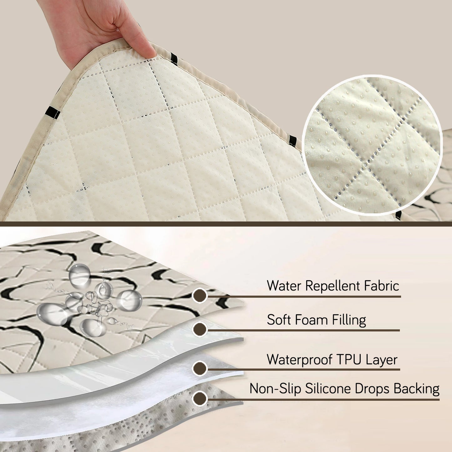 HOKIPO Water Repellent + Waterproof Quilted Sofa Mats, Natural Beige Abstract Art