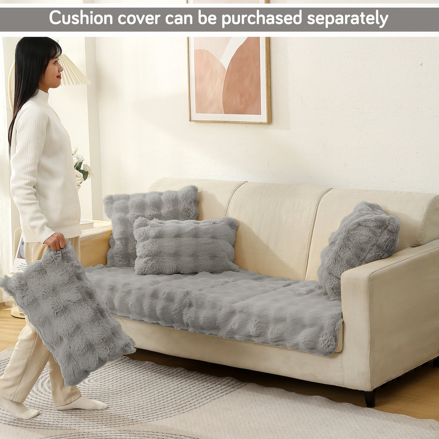 Premium Faux Rabbit Fur Anti Slip Sofa Mat for 1/2/3 Seater, Cool Grey