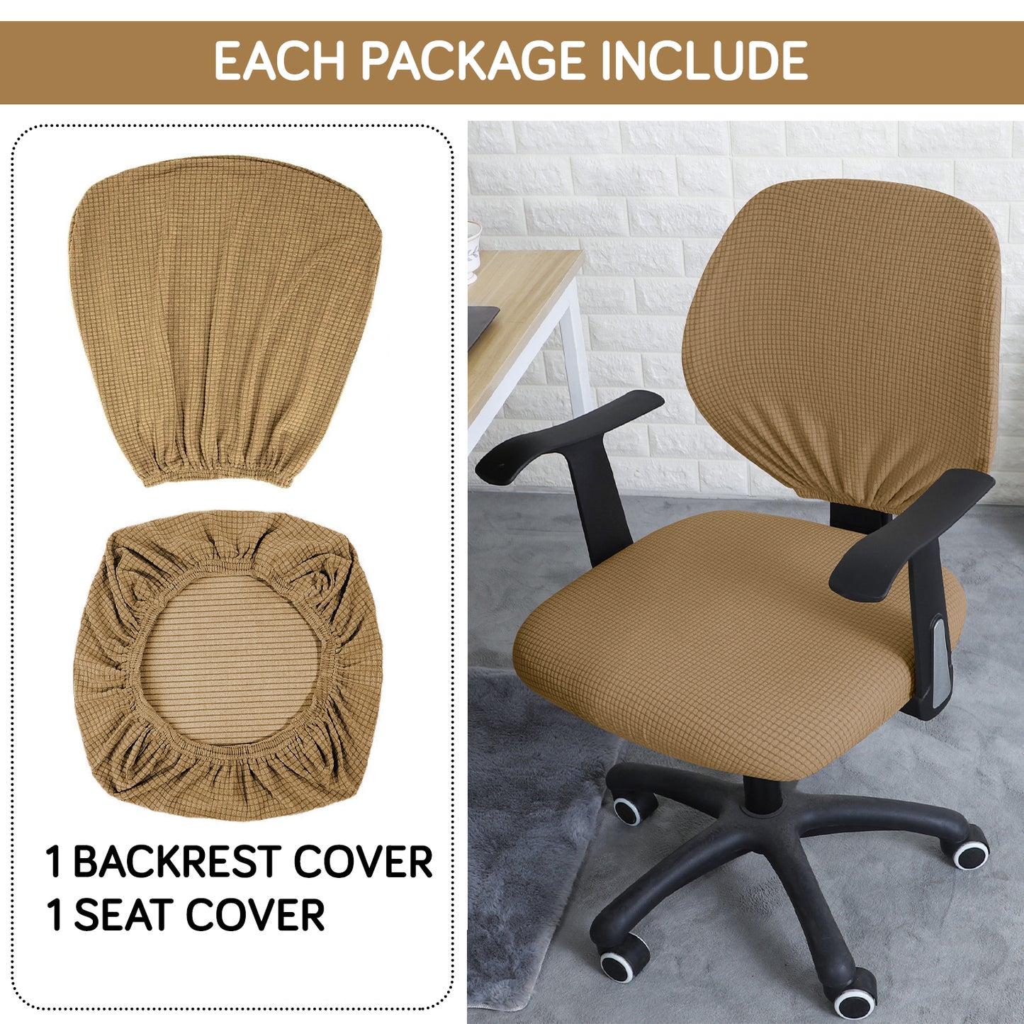 Water Repellent Office Chair Cover for Task Chair – 210 GSM Stretchable Jacquard – Washable & Anti-Slip – Fits Small Office Chairs Without Headrest, Light Brown