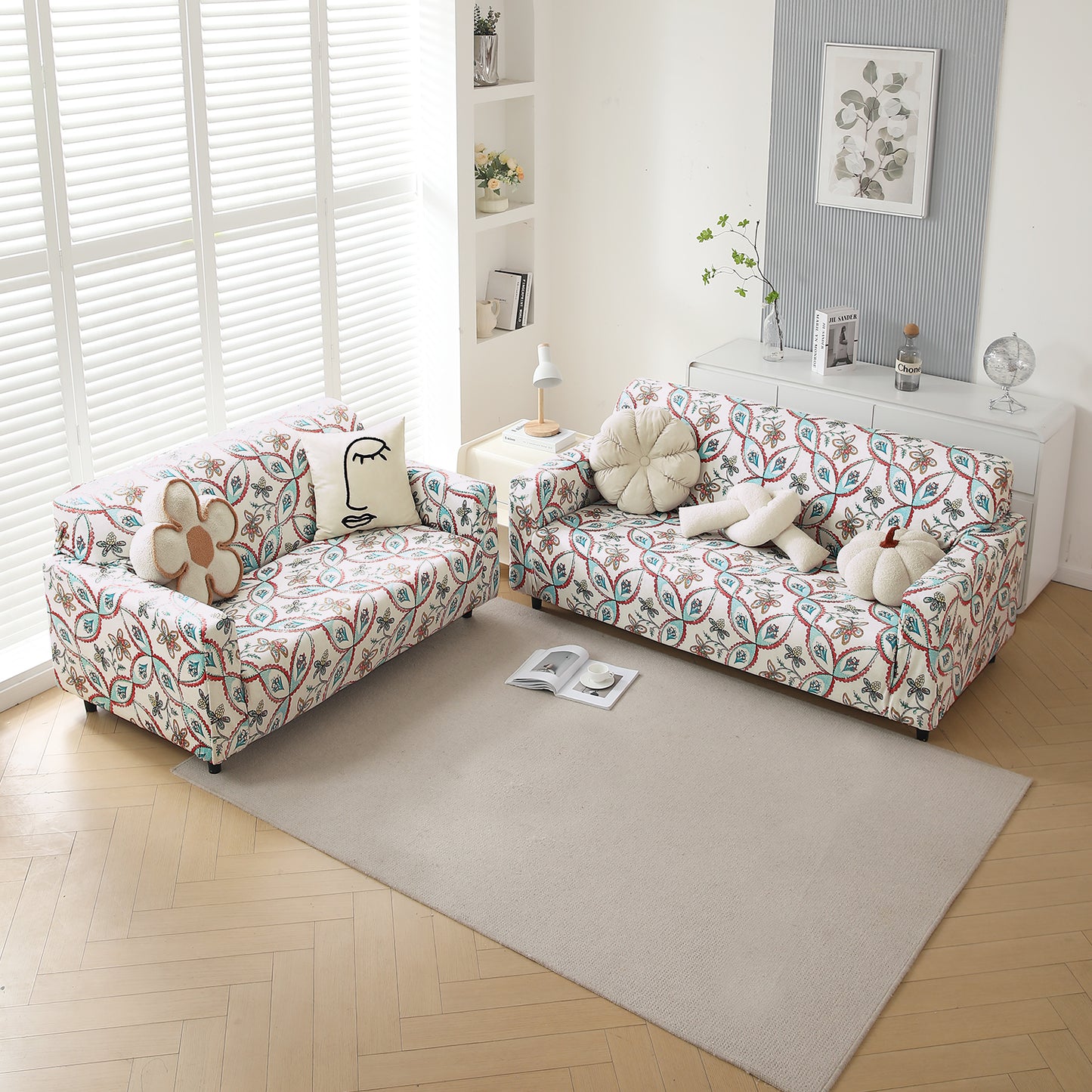 Premium Printed Velvet Sofa Cover 1/2/3 Seaters Fully Covered, Beige Persian Garden