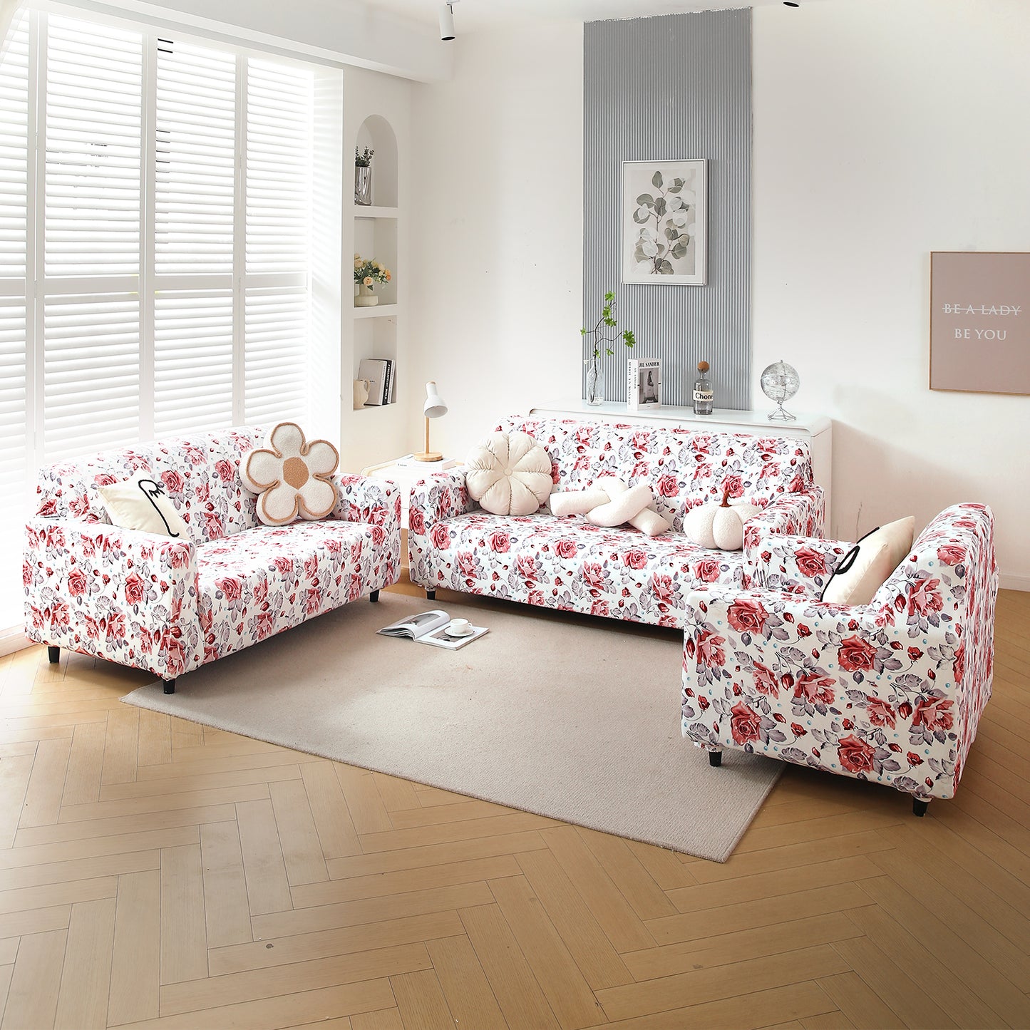 Premium Printed Velvet Sofa Cover 1/2/3 Seaters Fully Covered, Red Cottage Rose