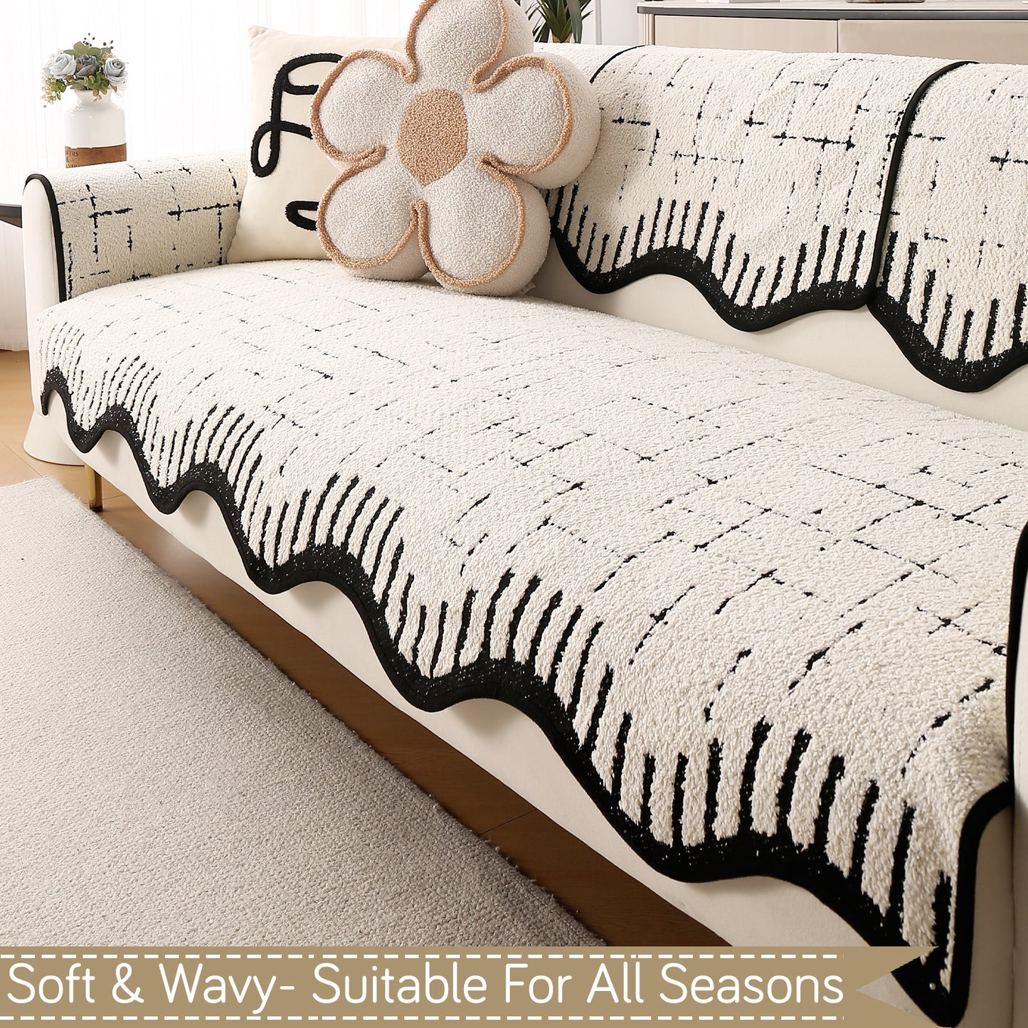 Premium Supple Soft Wavy with Curve Sofa Cover Mat, Off-White