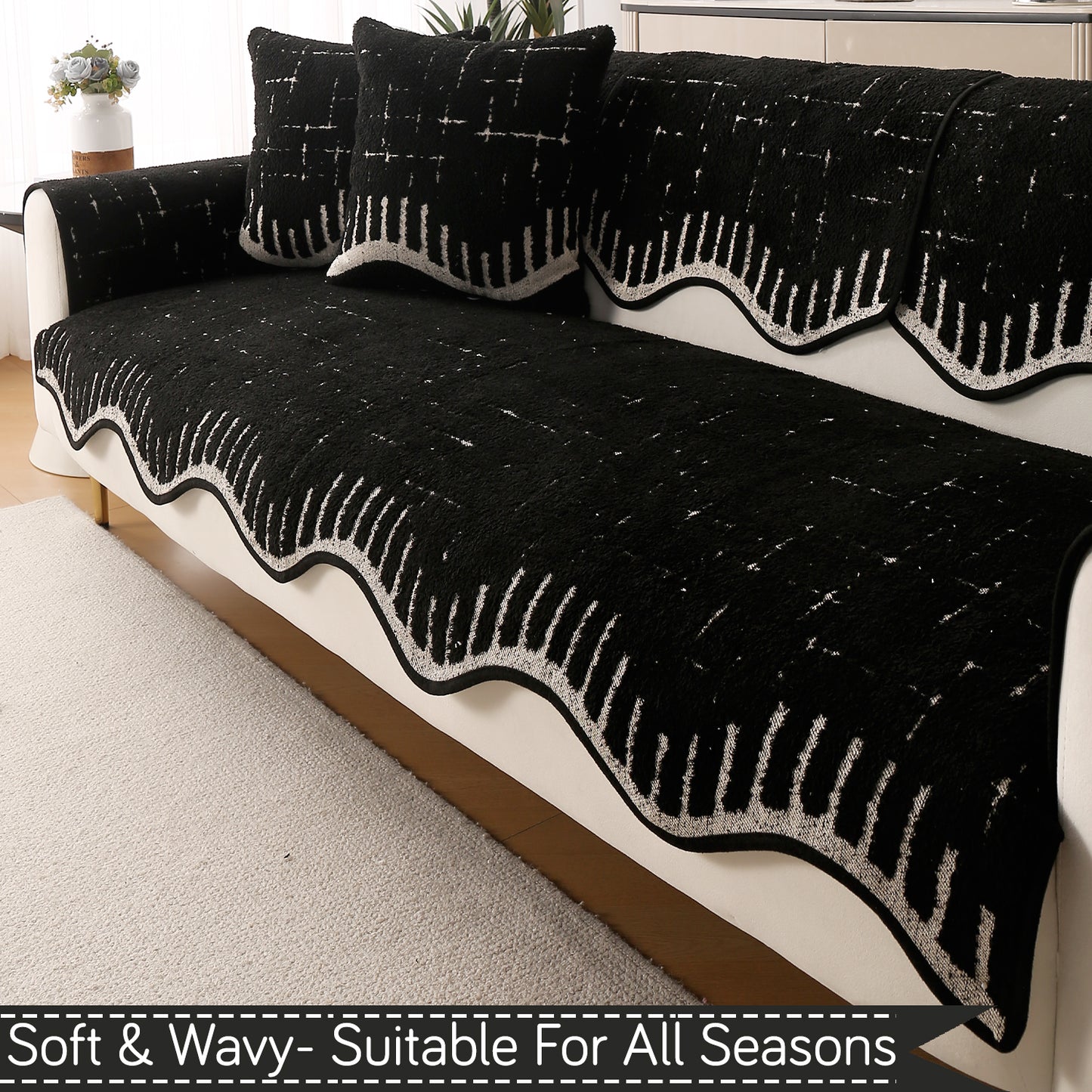 Premium Supple Soft Wavy with Curve Sofa Cover Mat, Black