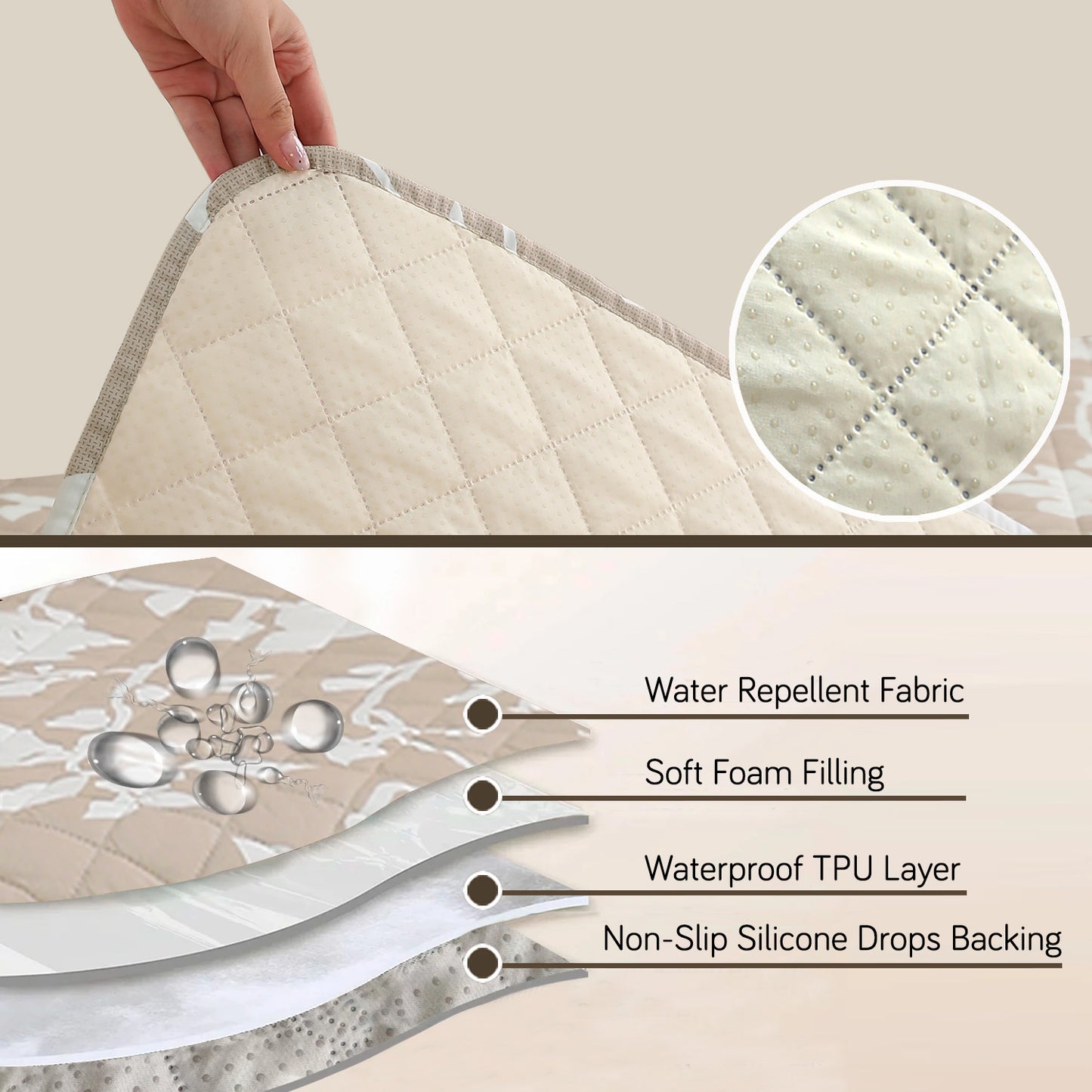 HOKIPO Water Repellent + Waterproof Quilted Sofa Mats, Buff Brown Sillehoute Floral