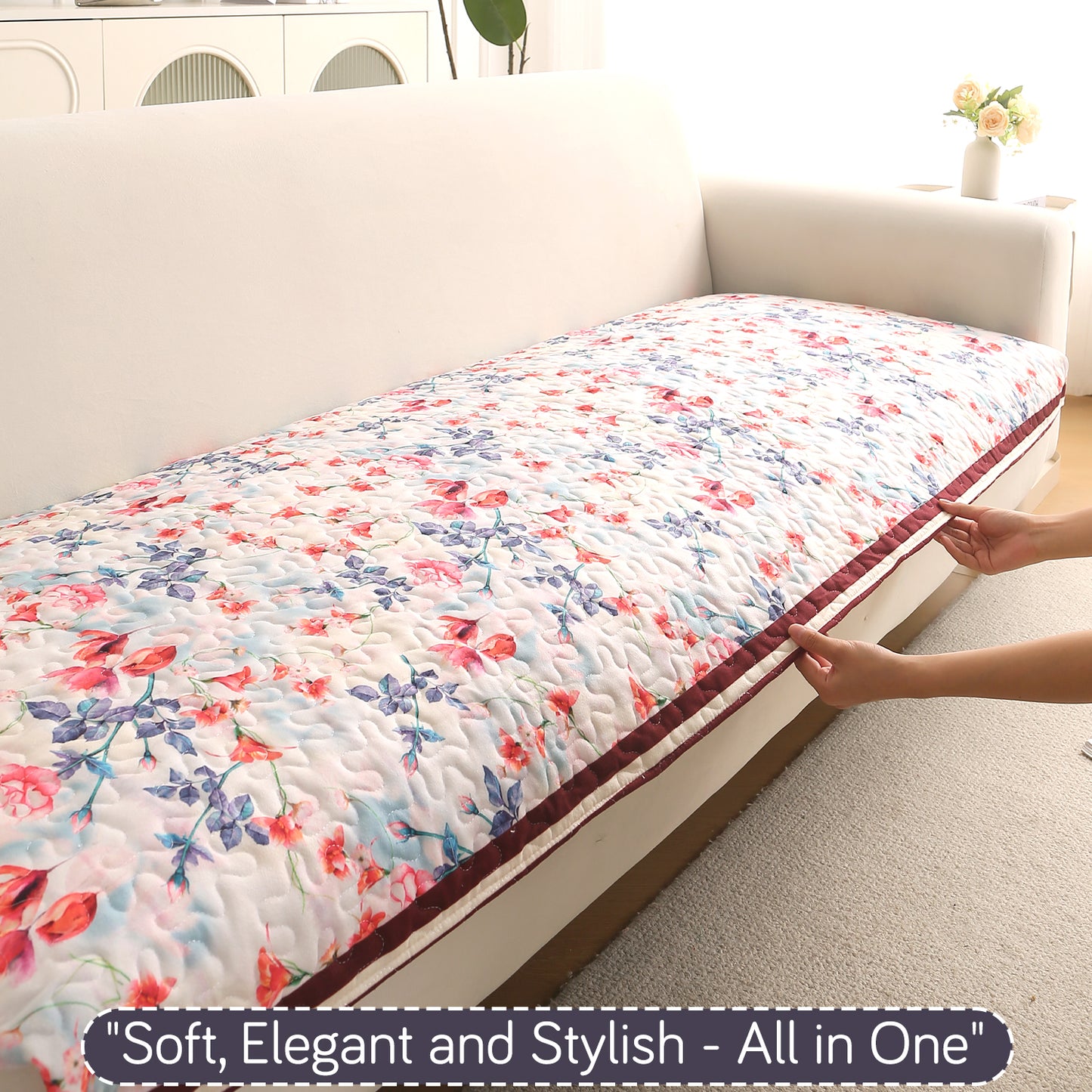Florentina Series Quilted Holland Velvet L Shape Sofa Seat Mat - Scarlet Rose Ivory