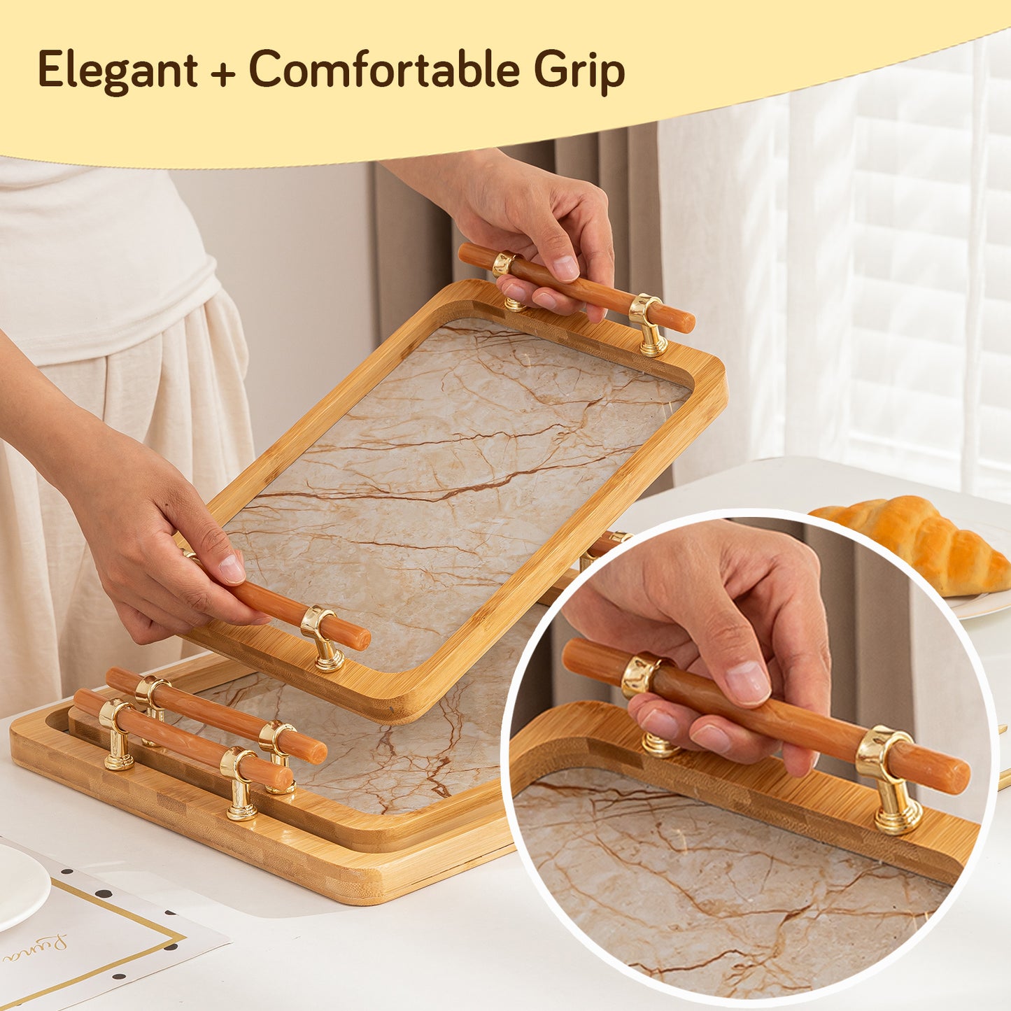 Luxury Bamboo Serving Tray Set with Faux Marble Base with Golden Handles