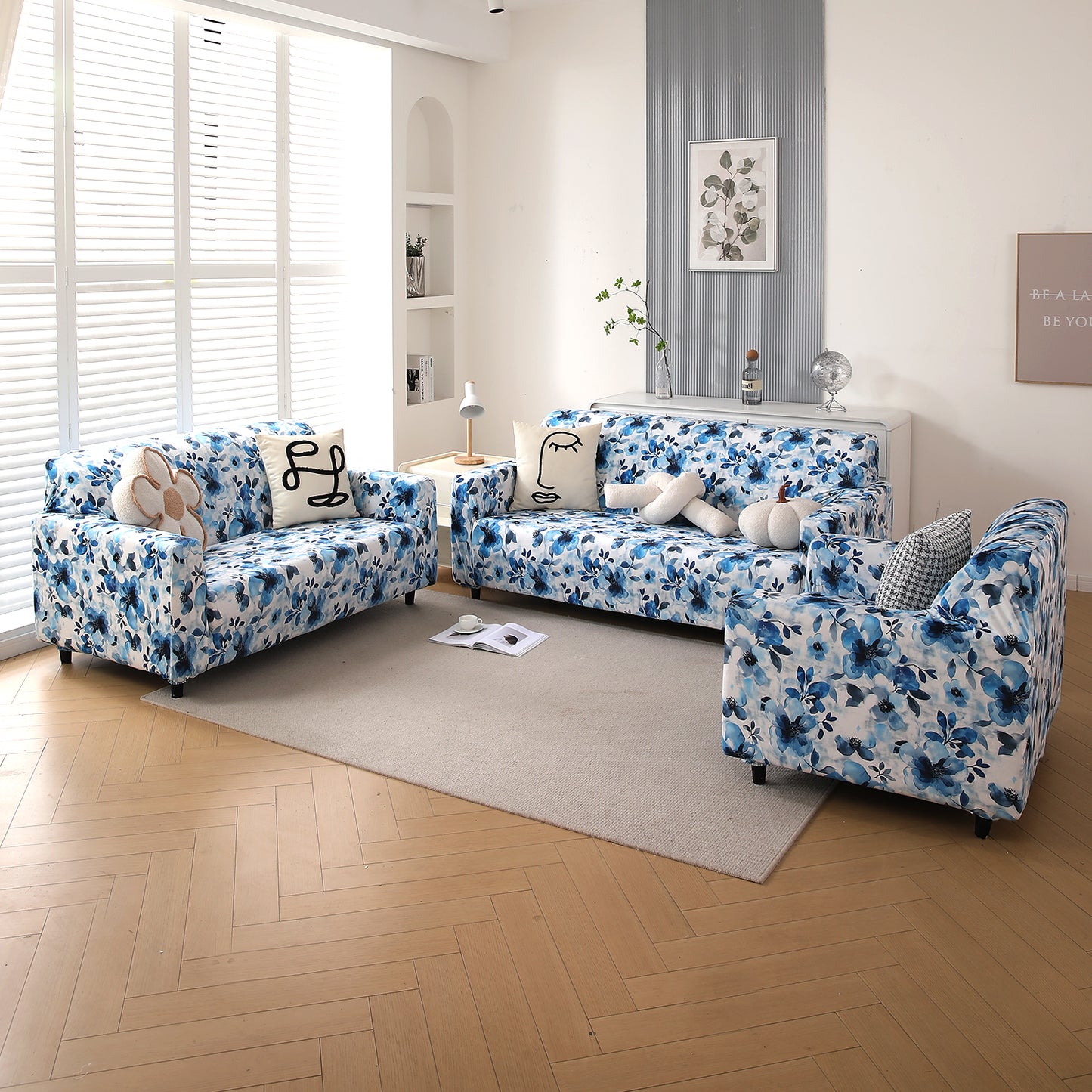 Premium Printed Velvet Sofa Cover 1/2/3 Seaters Fully Covered, Blue Azure Botanical