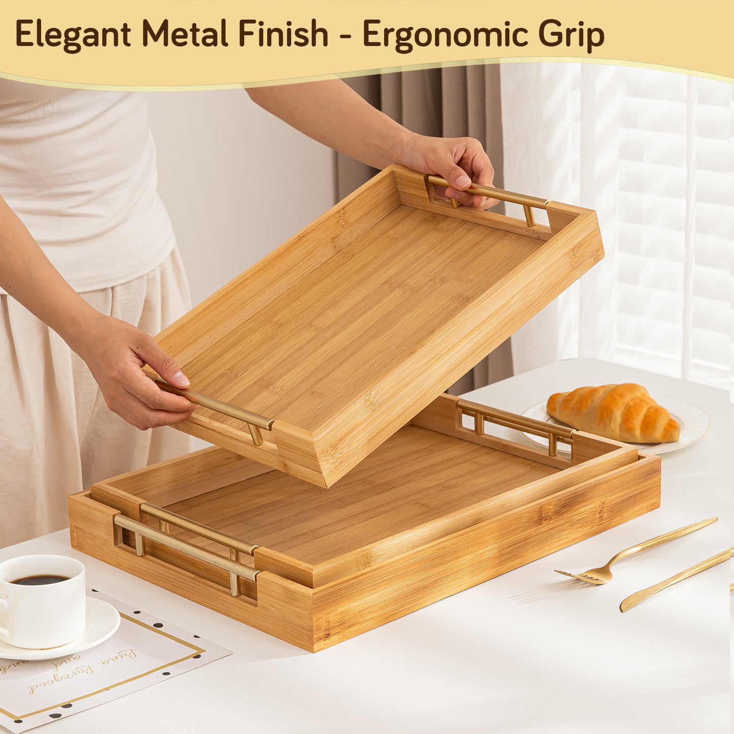 Bamboo Set of 2/3 Serving Tray Set with Gold Handles – Elegant Wooden Trays for Kitchen