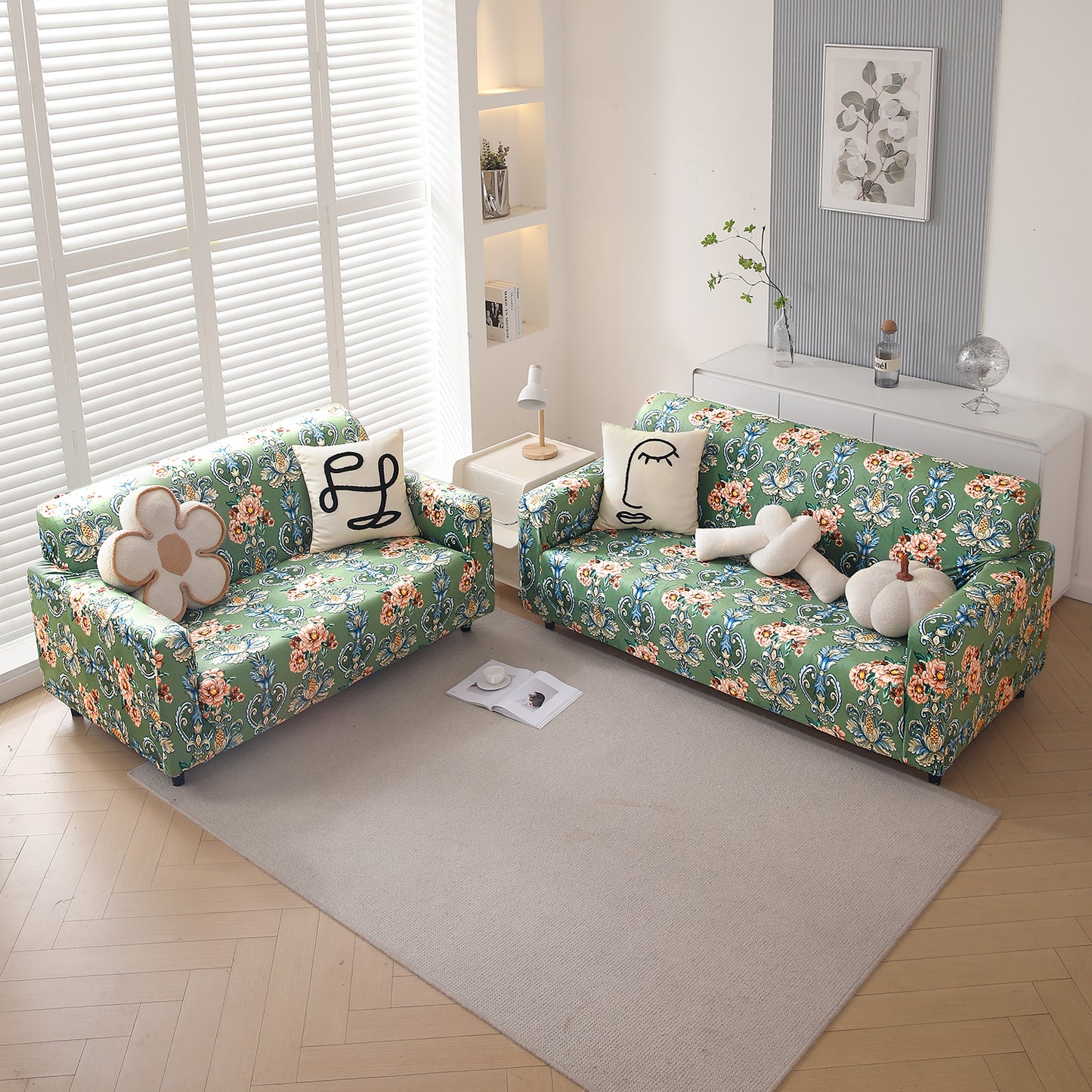 Premium Printed Velvet Sofa Cover 1/2/3 Seaters Fully Covered, Green Victorian Garden