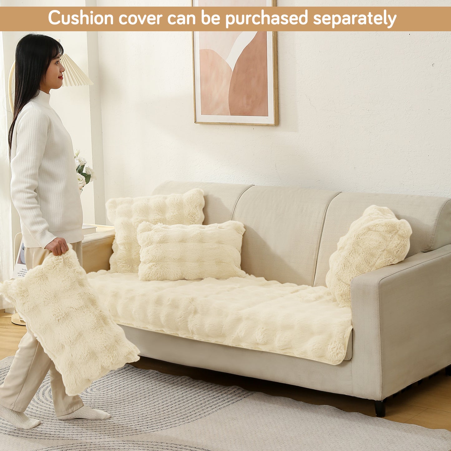 Premium Faux Rabbit Fur Anti Slip Sofa Mat for 1/2/3 Seater, Beige