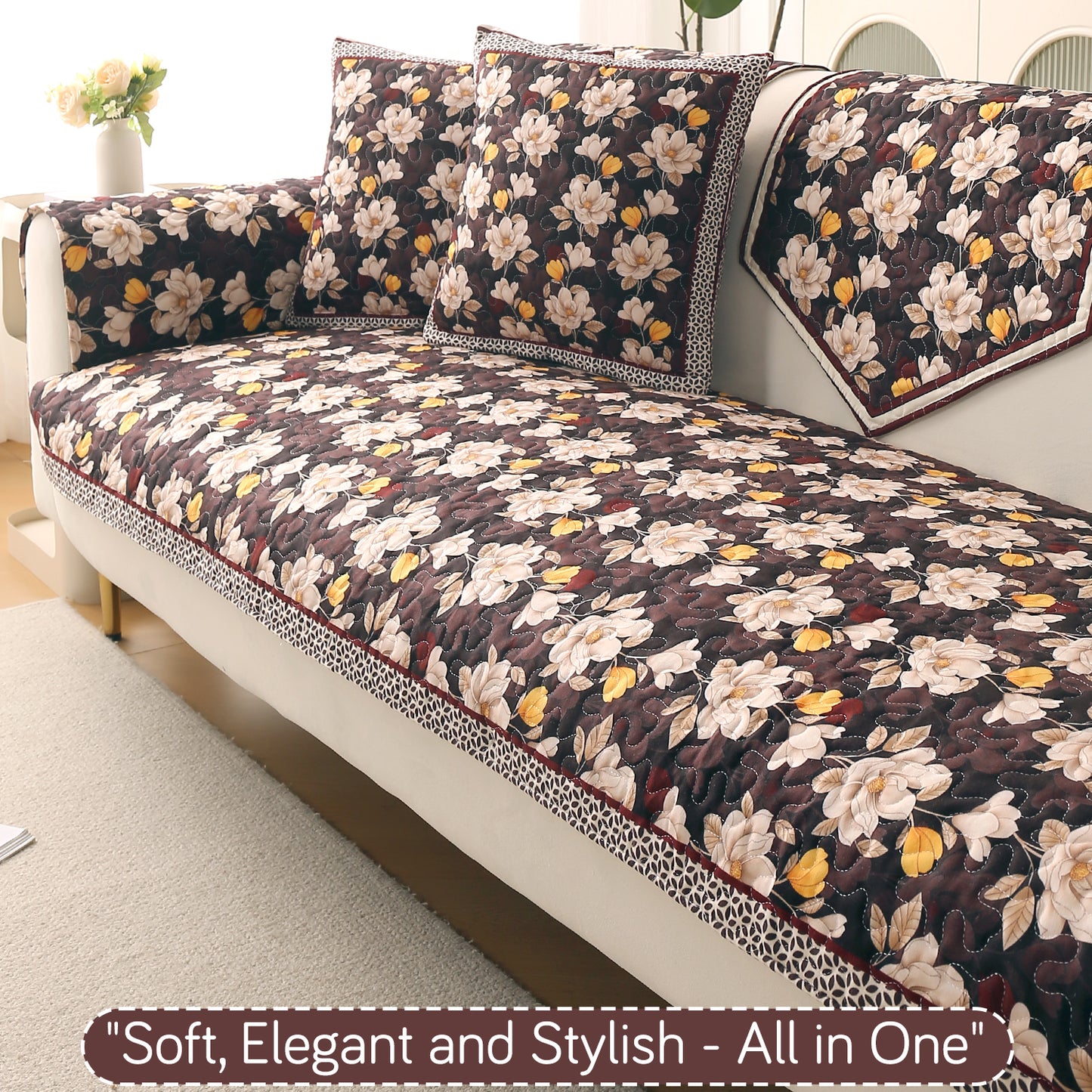Florentina Series Printed Holland Velvet Sofa Mat - Camellia Brown