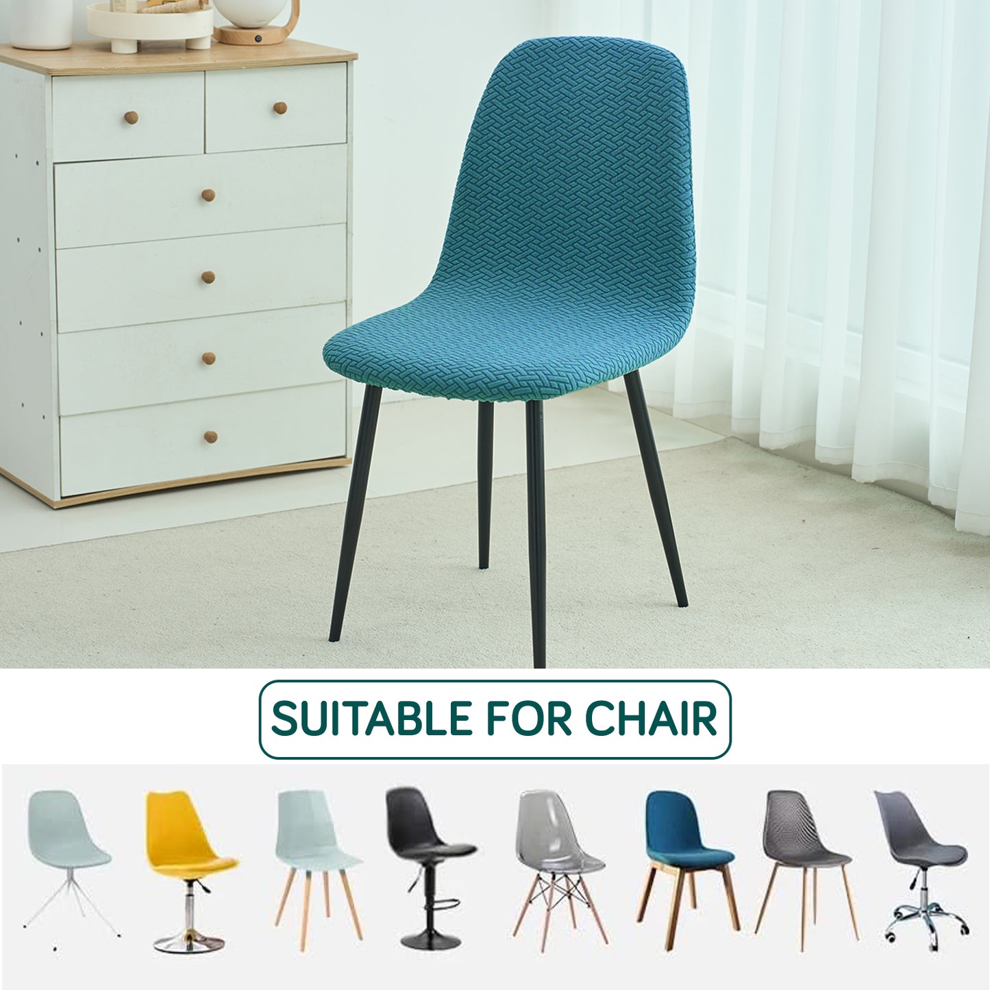 Premium Jacquard Fully Covered Cover for Mid Century Modern Dining Chair, Turquoise