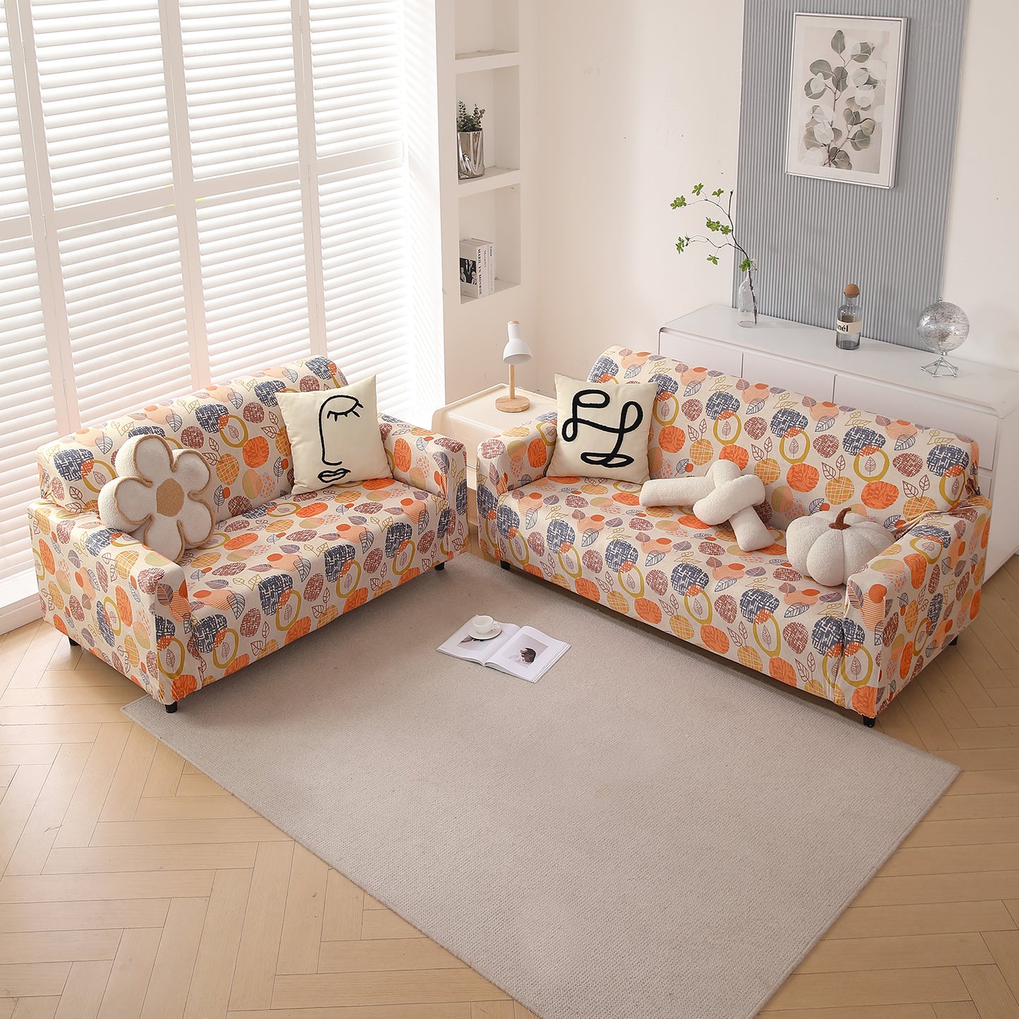 Premium Printed Velvet Sofa Cover 1/2/3 Seaters Fully Covered, Coral Autumn Leaves
