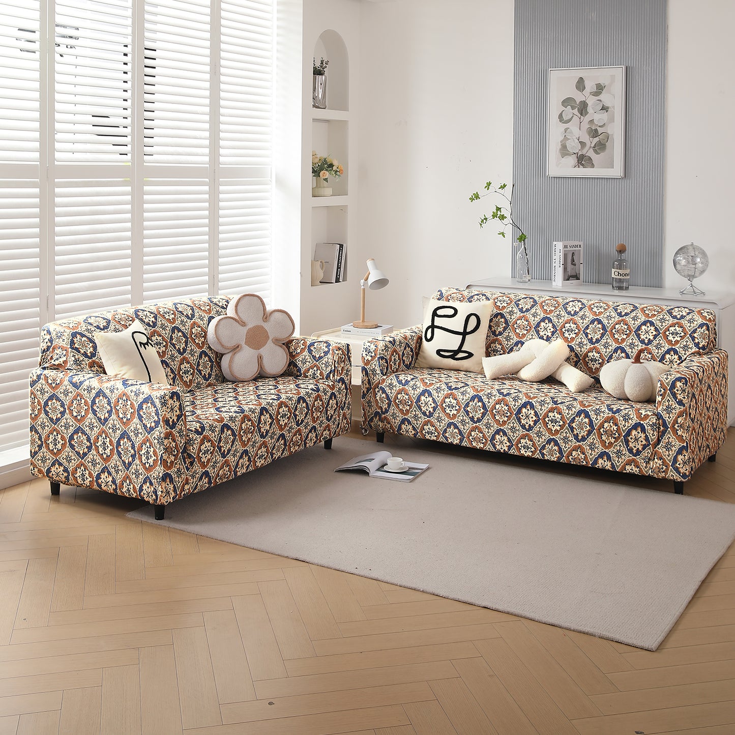 Premium Printed Velvet Sofa Cover 1/2/3 Seaters Fully Covered, Indigo Moroccan Charm