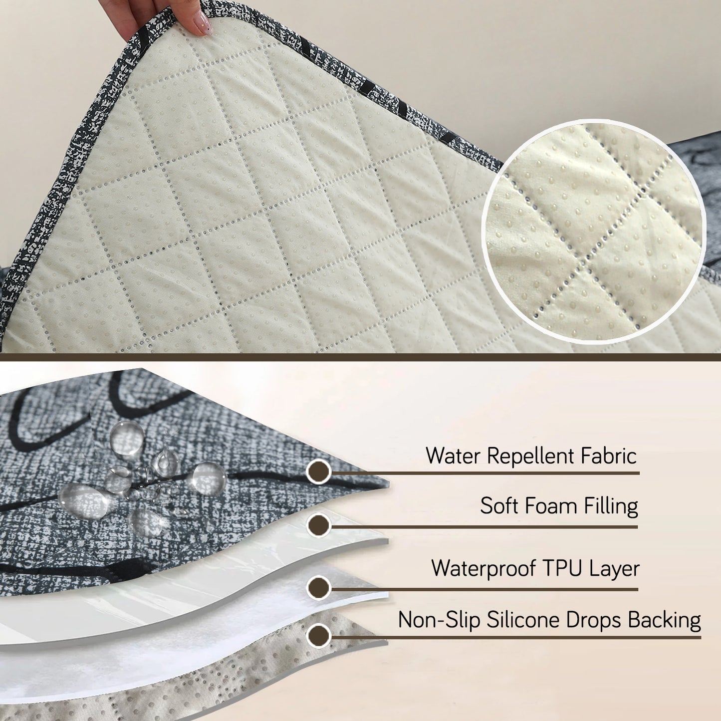 HOKIPO Water Repellent + Waterproof Quilted Sofa Mats, Intense Grey Abstract Floral