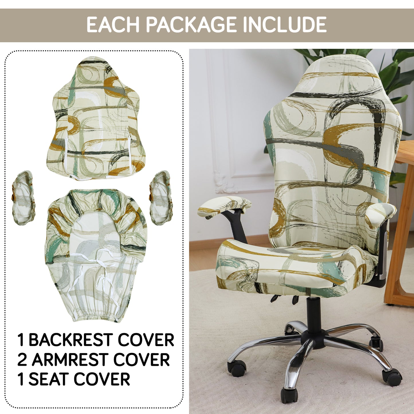 Printed Gaming Chair Seat Cover Elastic Computer Rotating Chair, Parchement Beige Abstract Art