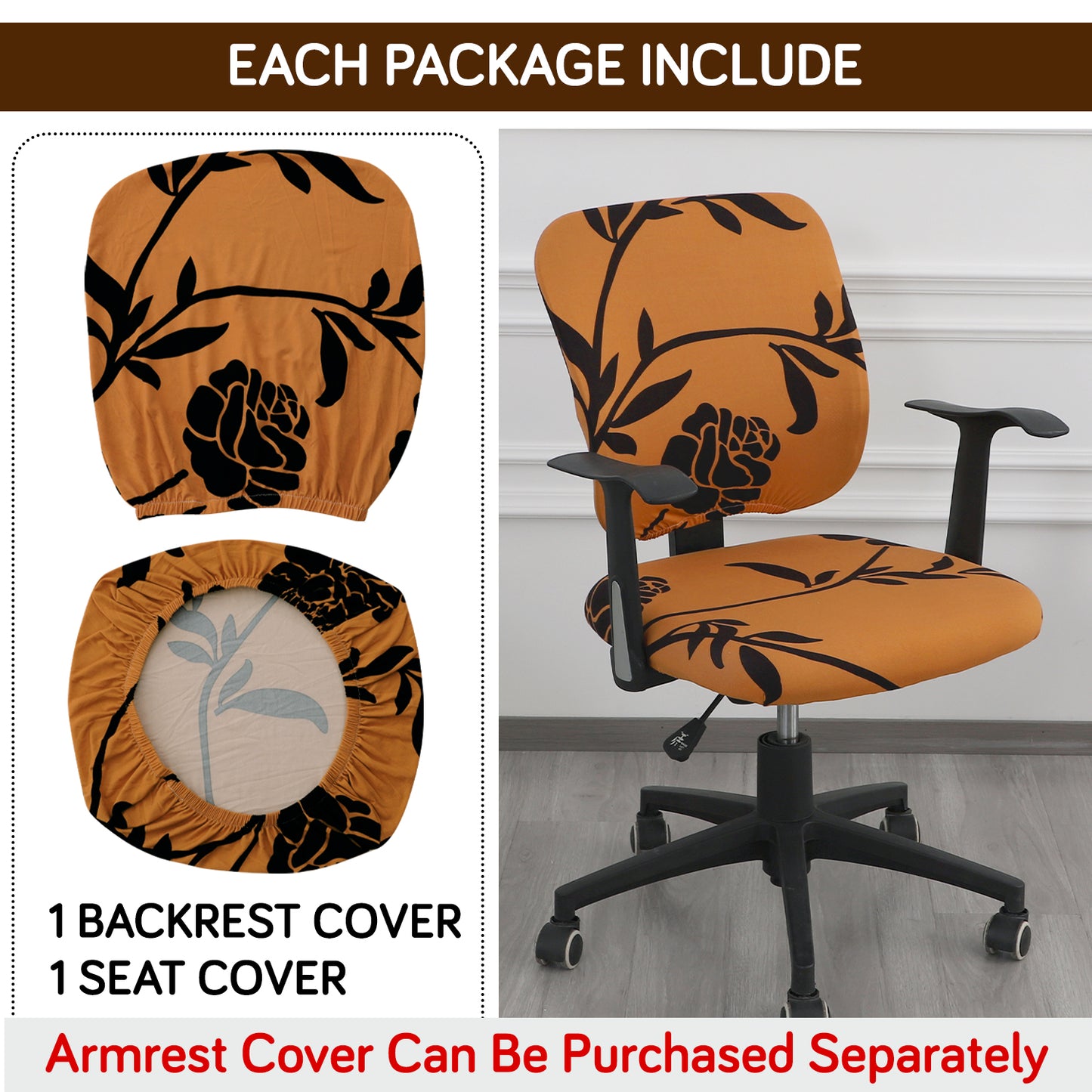 Printed Office Chair Cover for Task Chair – 140 GSM Stretchable Fabric – Washable & Anti-Slip – Fits Small Office Chairs Without Headrest, Copper Brown Floral