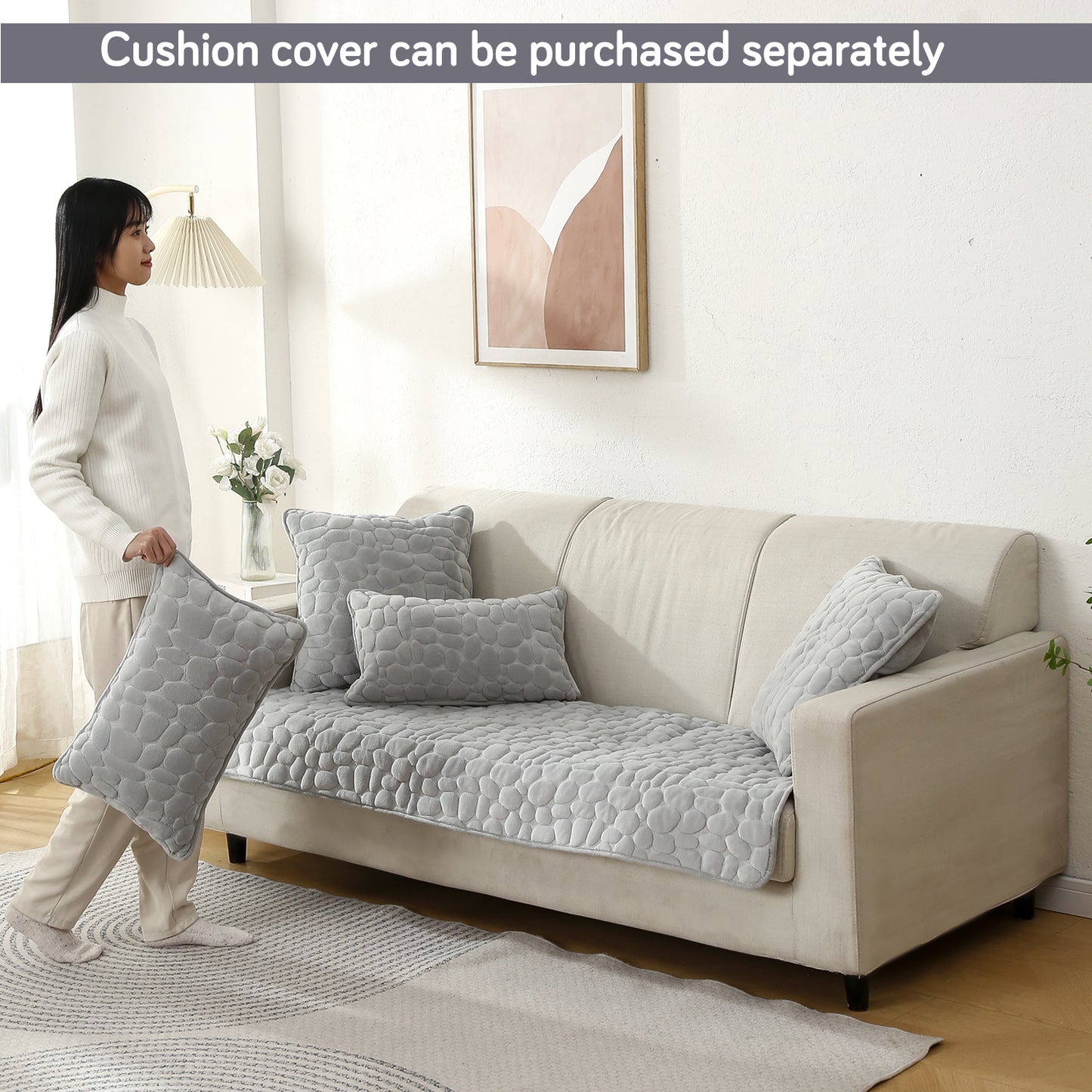 Premium Pebble Milk Velvet Anti Slip Sofa Mat for 1/2/3 Seater, Moon Grey