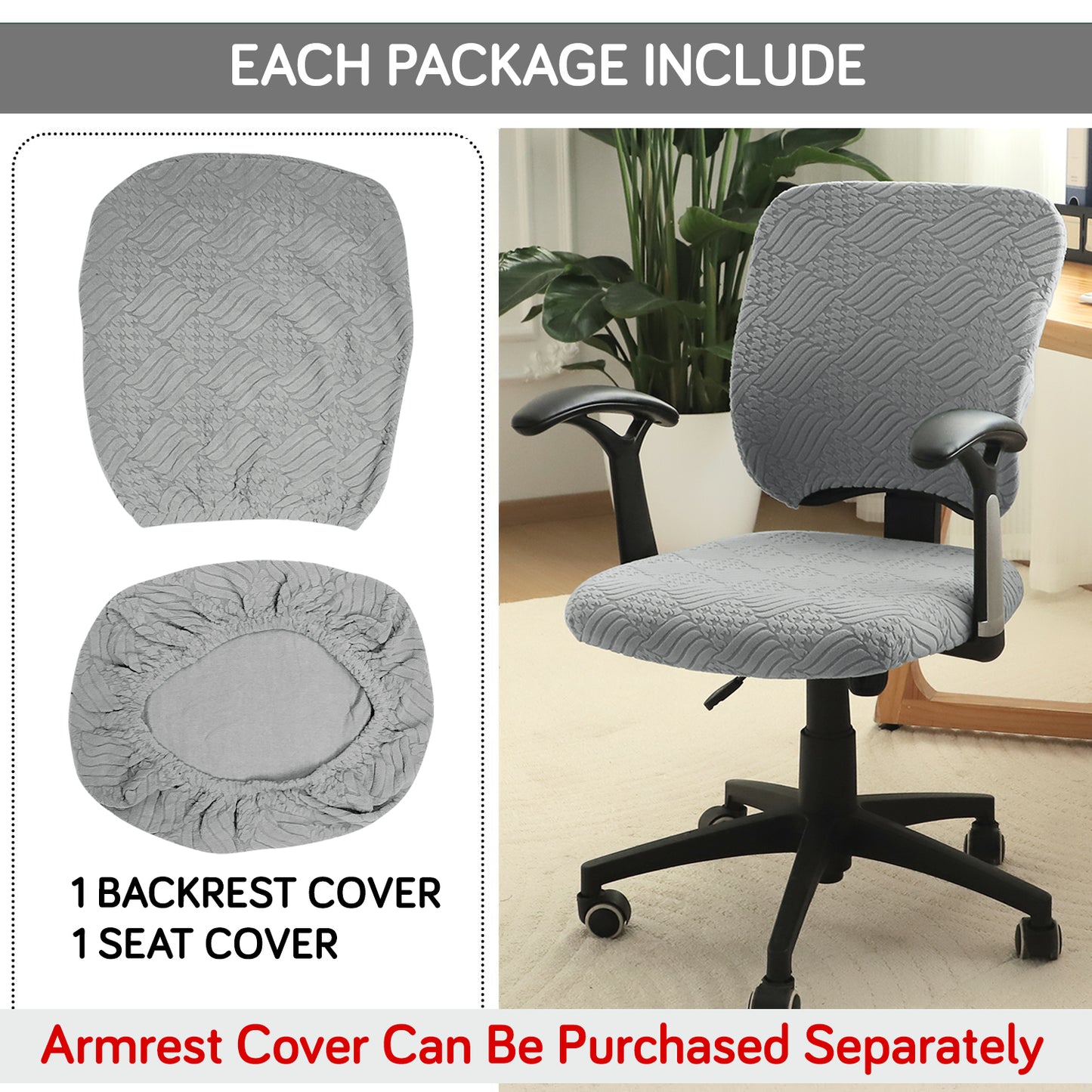 Office Chair Cover for Task Chair – 170 GSM Stretchable Jacquard – Washable & Anti-Slip – Fits Small Office Chairs Without Headrest, Light Grey