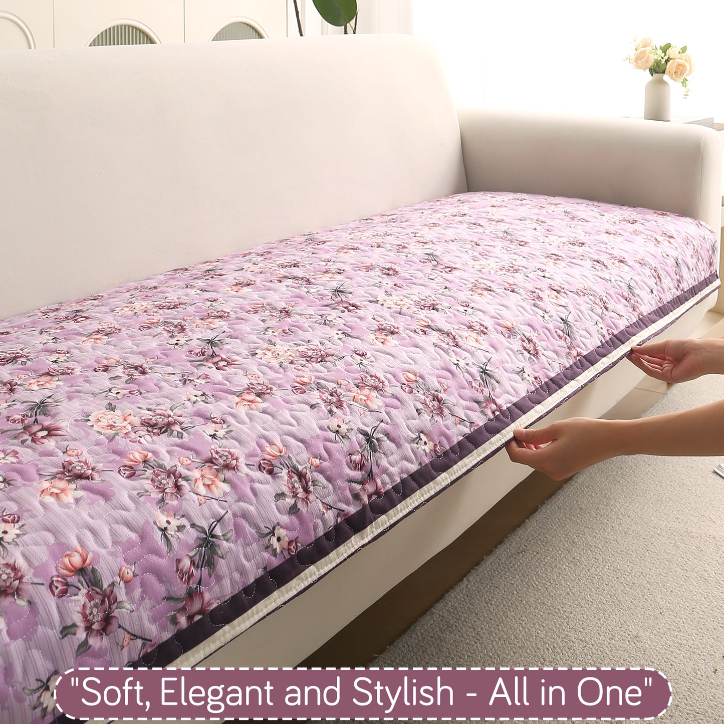Florentina Series Quilted Holland Velvet L Shape Sofa Seat Mat - Peony Lavender