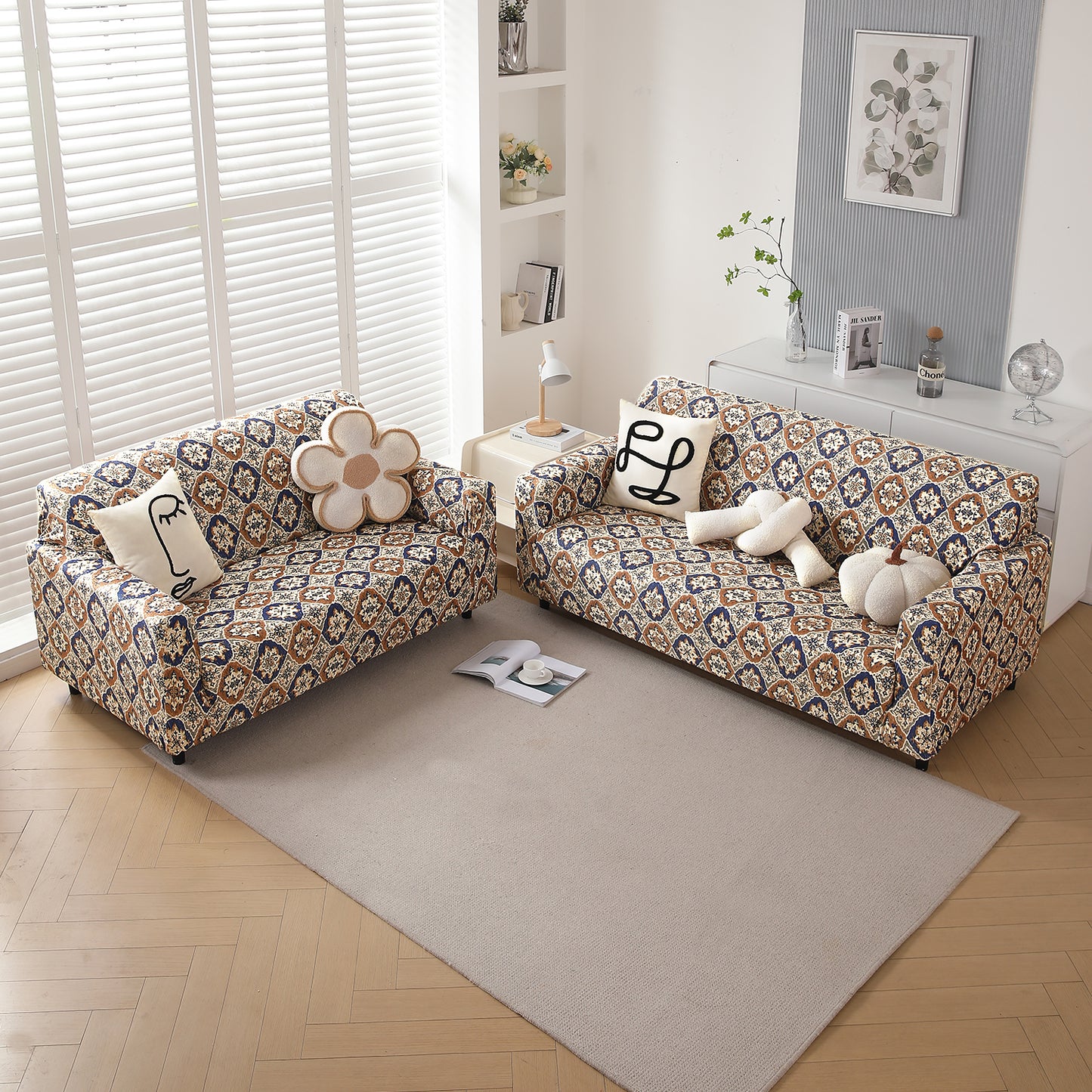 Premium Printed Velvet Sofa Cover 1/2/3 Seaters Fully Covered, Indigo Moroccan Charm