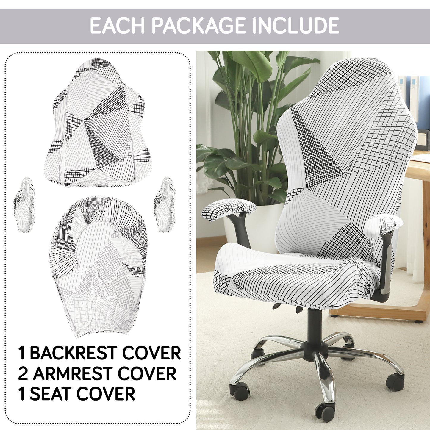 Printed Gaming Chair Seat Cover Elastic Computer Rotating Chair, Snow White Black Geometry