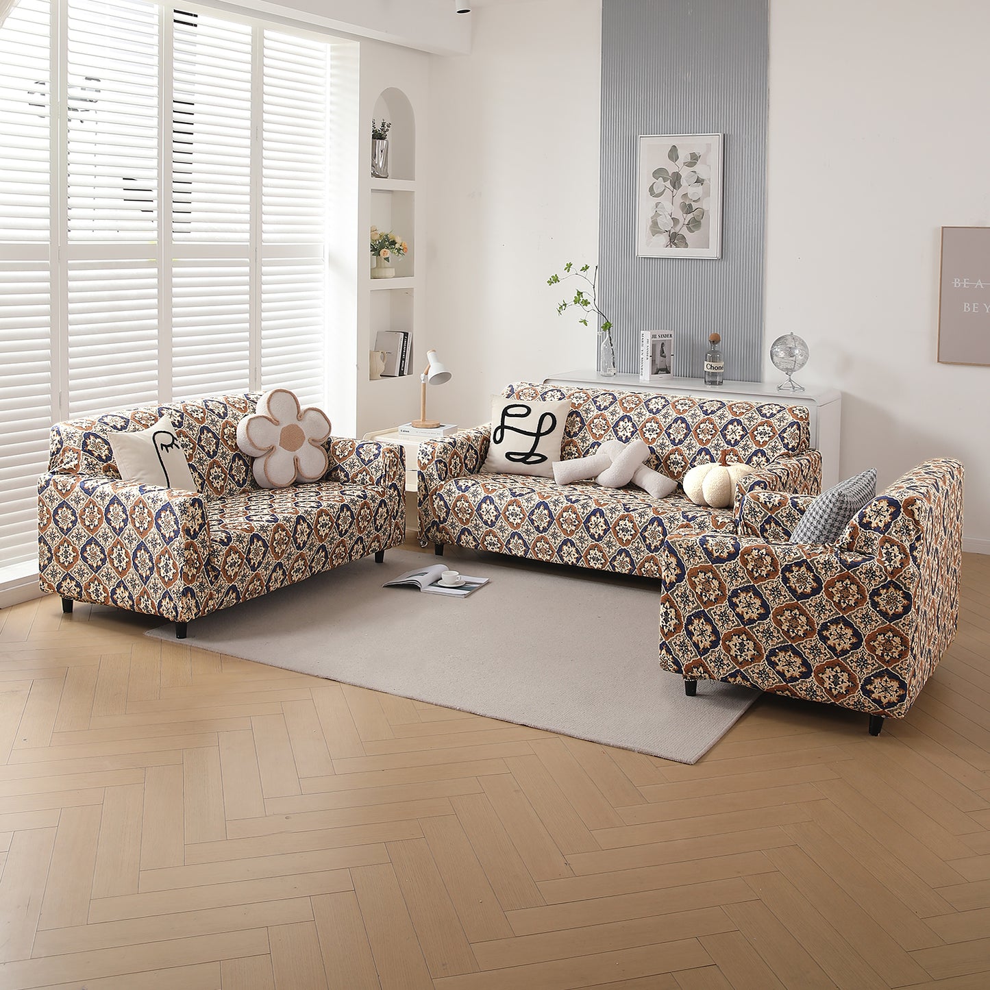 Premium Printed Velvet Sofa Cover 1/2/3 Seaters Fully Covered, Indigo Moroccan Charm
