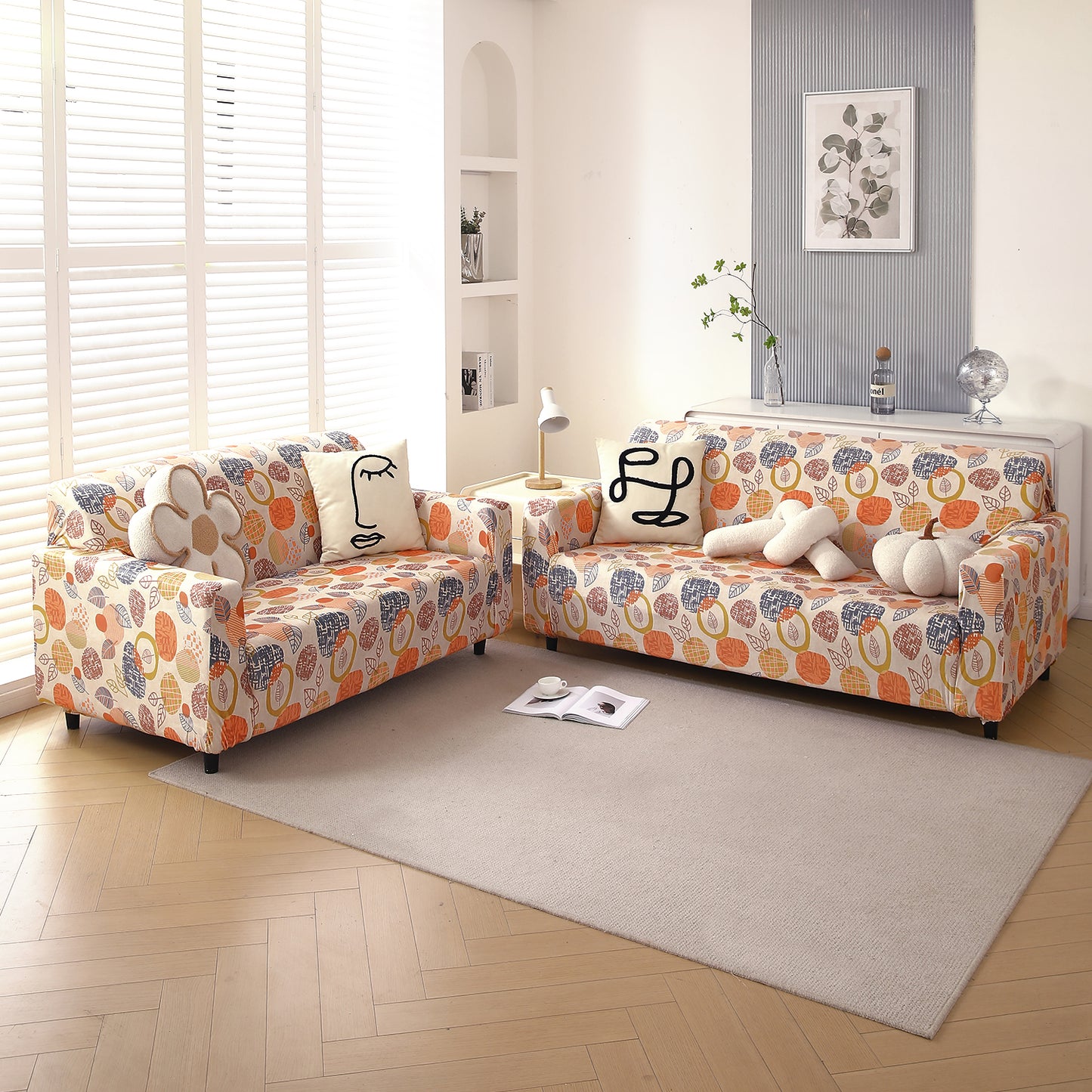 Premium Printed Velvet Sofa Cover 1/2/3 Seaters Fully Covered, Coral Autumn Leaves
